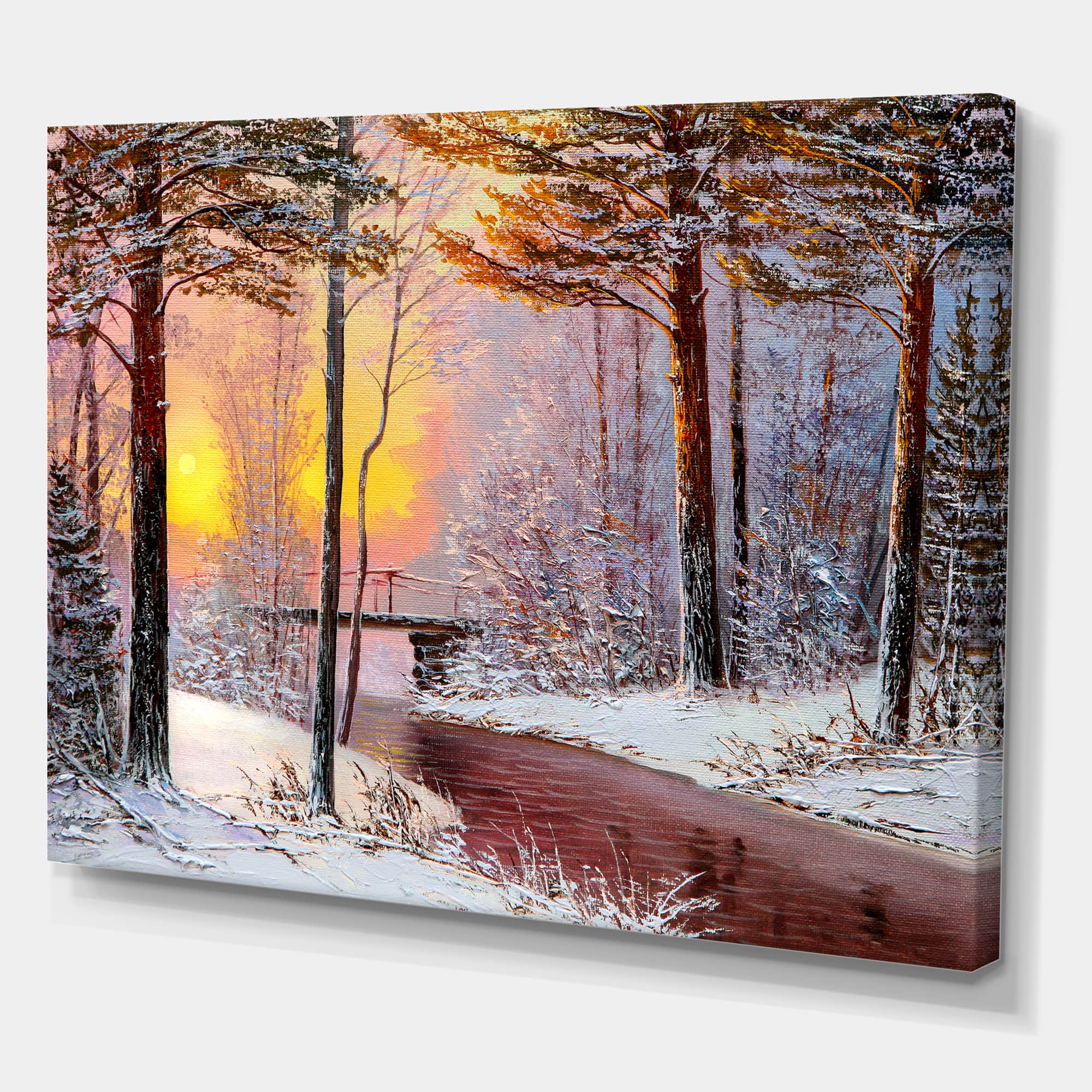 Designart Christmas Forest with River & Trees IV Traditional Canvas Wall Art