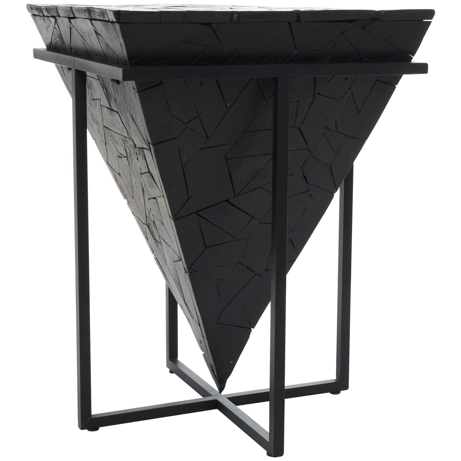 22" Black Teak Wood Geometric Handmade Inverted Pyramid Accent Table with Black Metal Base