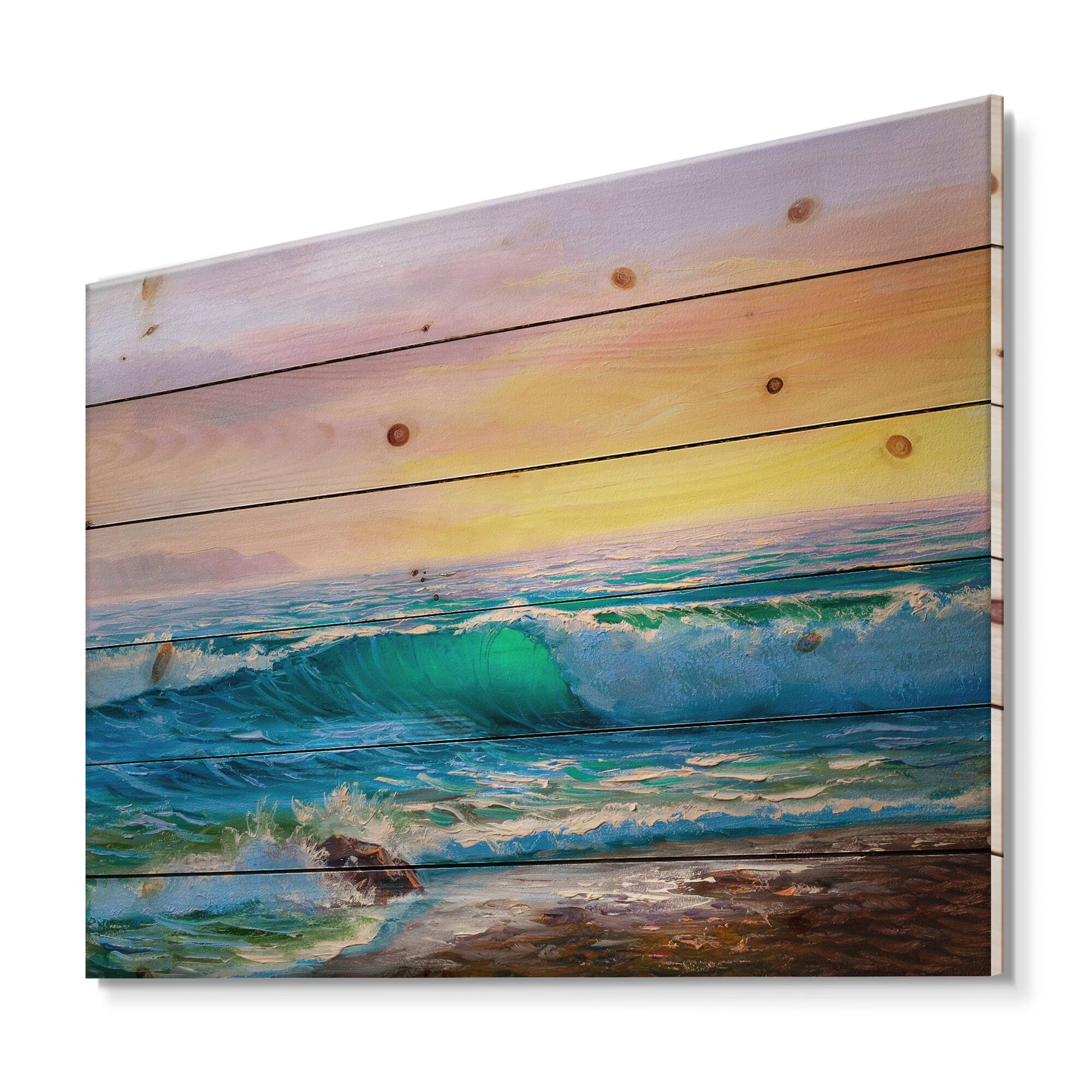 Designart - Blue Waves Breaking At The Beach IV - Nautical & Coastal Print on Natural Pine Wood | 30" x 15" | Michaels®