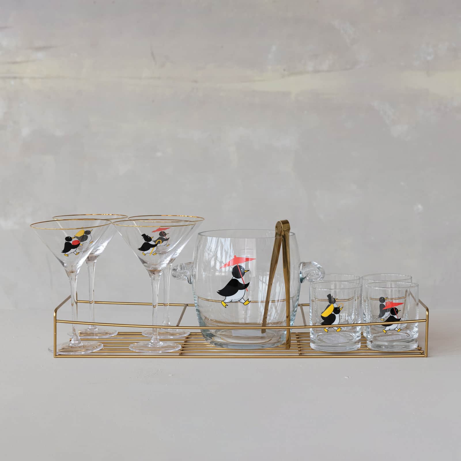 Hello Honey 11-Piece Vintage Reproduction Glass Barware Set with Penguin Decal, Gold Finish
