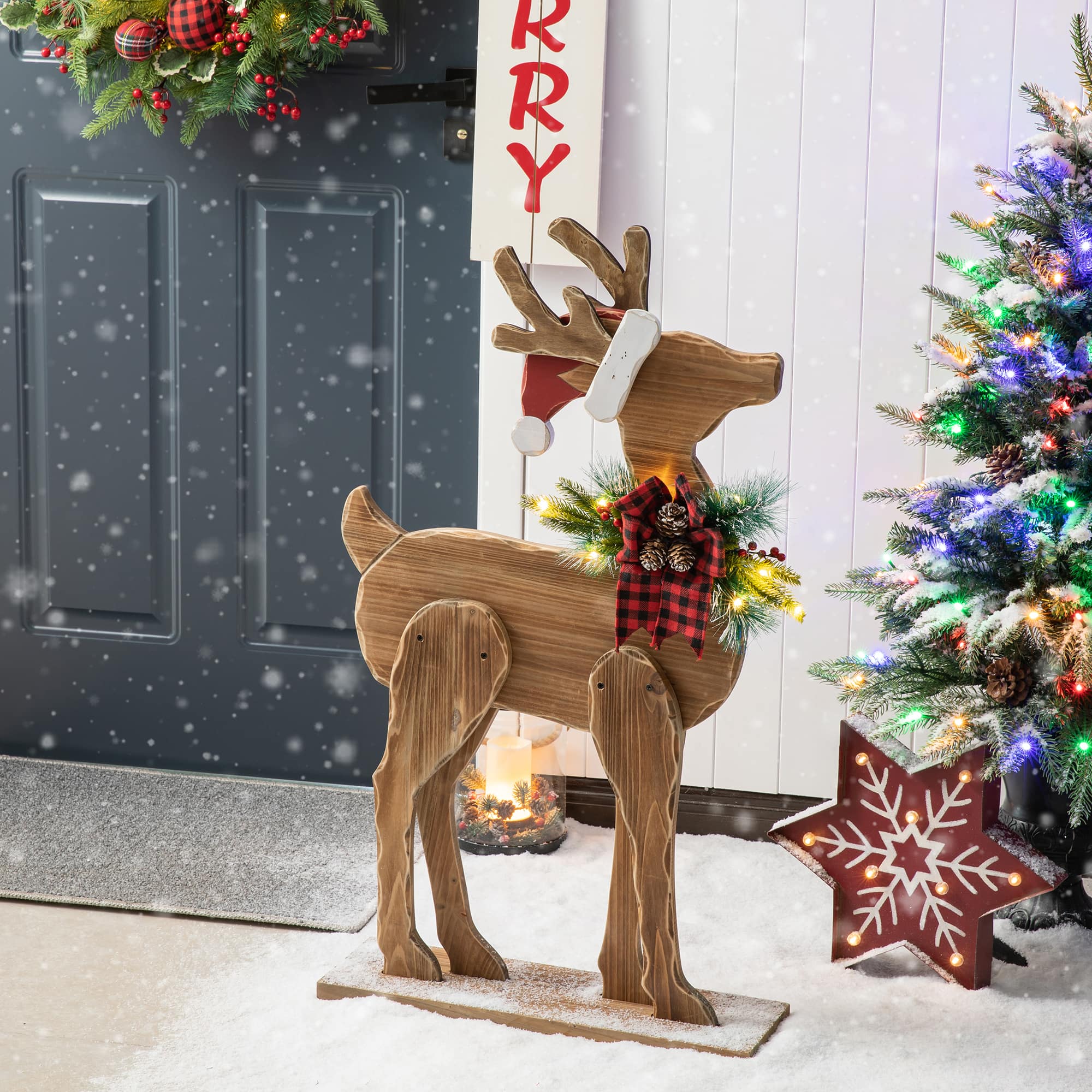 Glitzhome&#xAE; 36&#x27;&#x27; Chunky Wood Reindeer Porch D&#xE9;cor