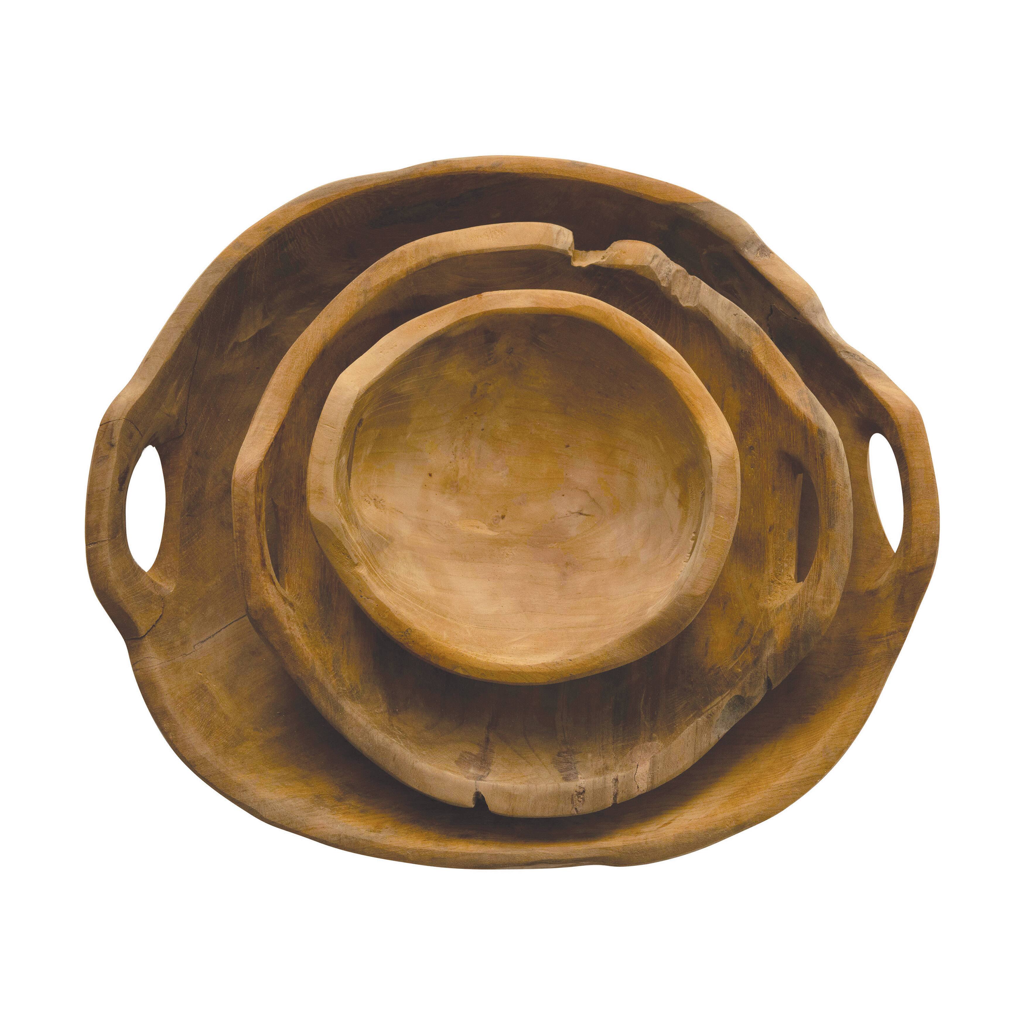 Teak Wood Bowls with Handles Set