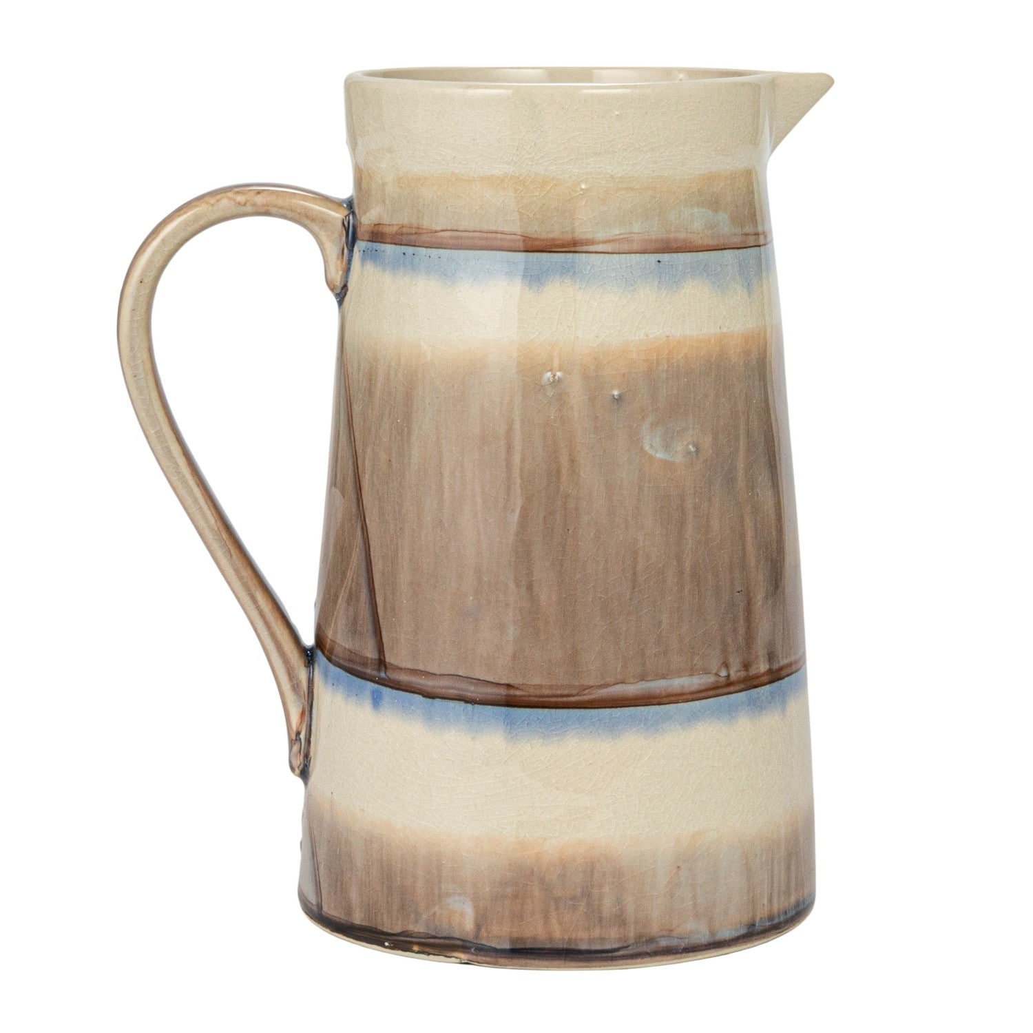 8.25&#x22; Brown &#x26; Cream Round Stoneware Pitcher with Stripes &#x26; Crackle Glaze