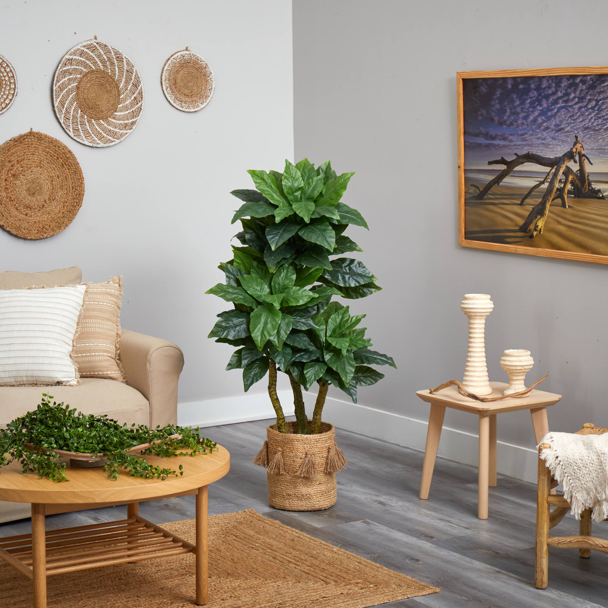 5ft. Bird Nest Artificial Tree in Handmade Natural Jute Planter with Tassels UV Resistant (Indoor/Outdoor)