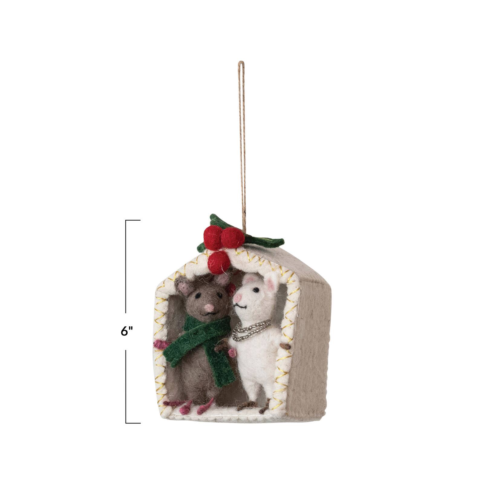Hello Honey&#xAE; 6&#x22; Handmade Wool Felt Mice Under the Mistletoe Ornament with Embroidery &#x26; Beads
