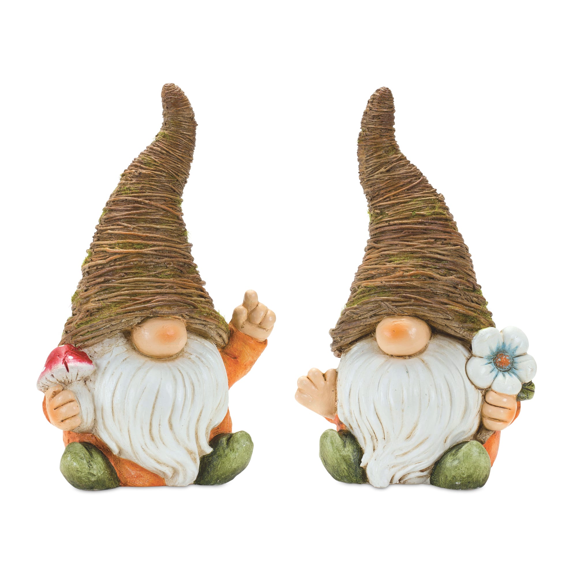 16.5" Distressed Garden Gnomes with Mushroom & Flower Statue Set