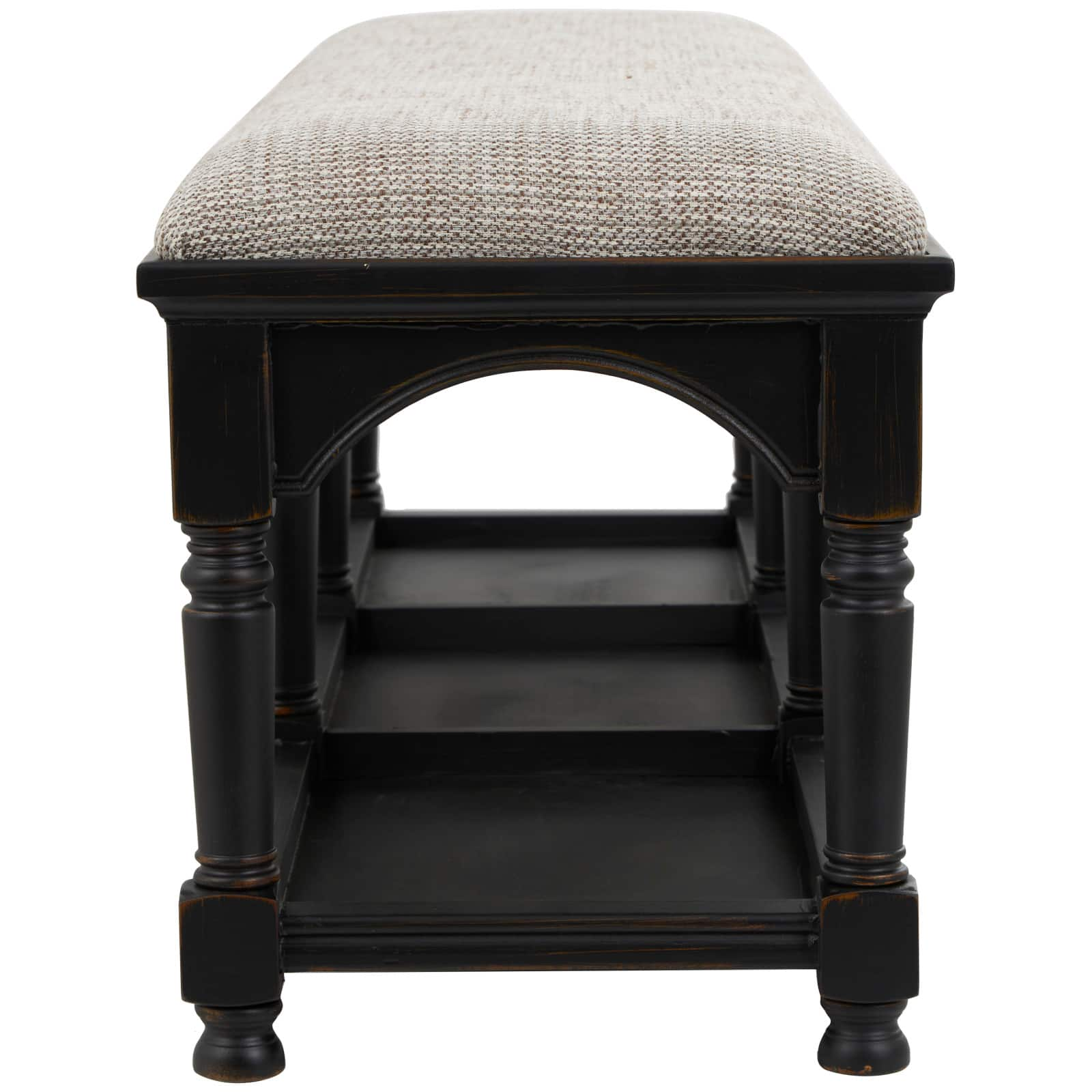 59&#x22; Black &#x26; Beige Fabric Arched Storage Bench with Traditional Turned Legs