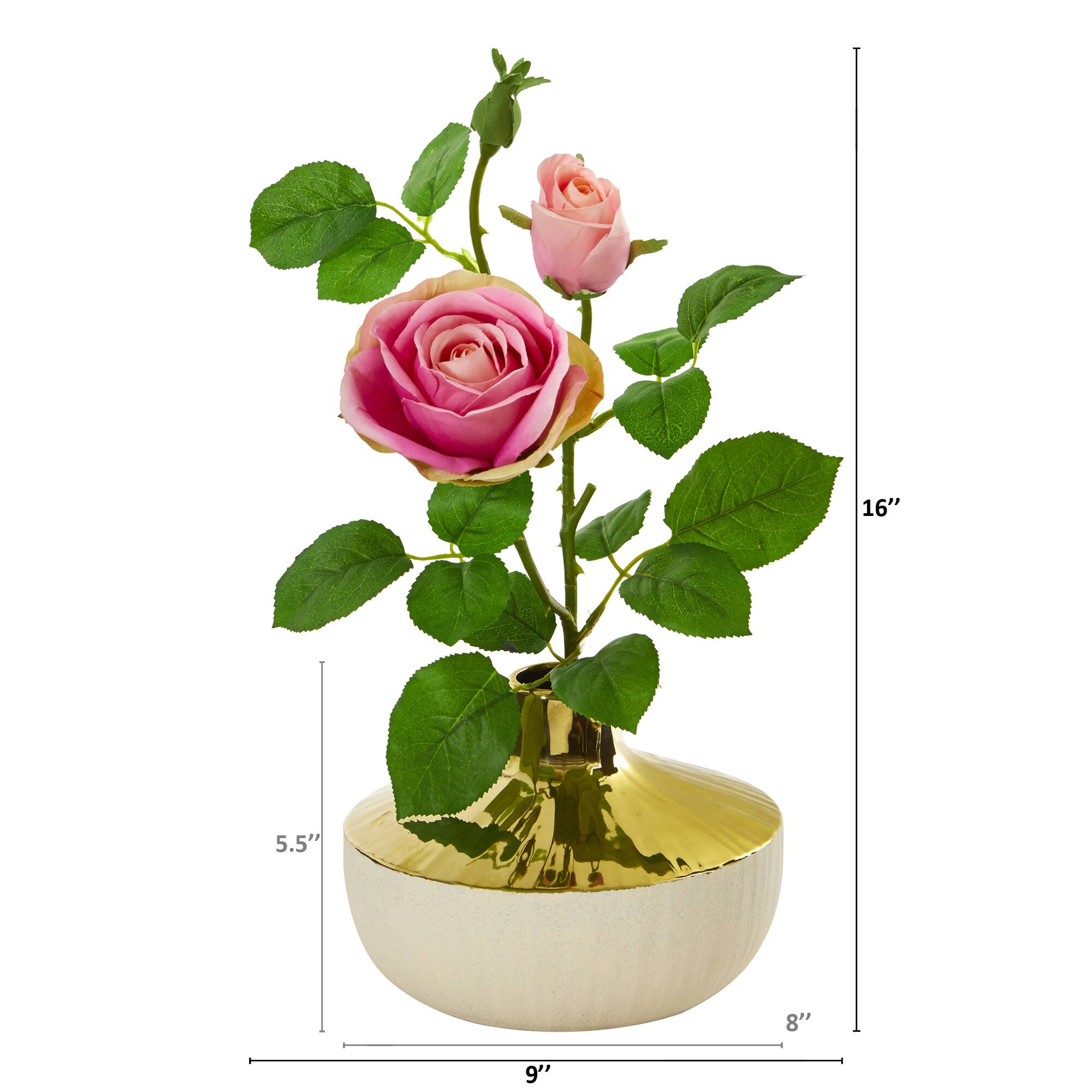 16" Rose Artificial Arrangement in Gold and Cream Elegant Vase
