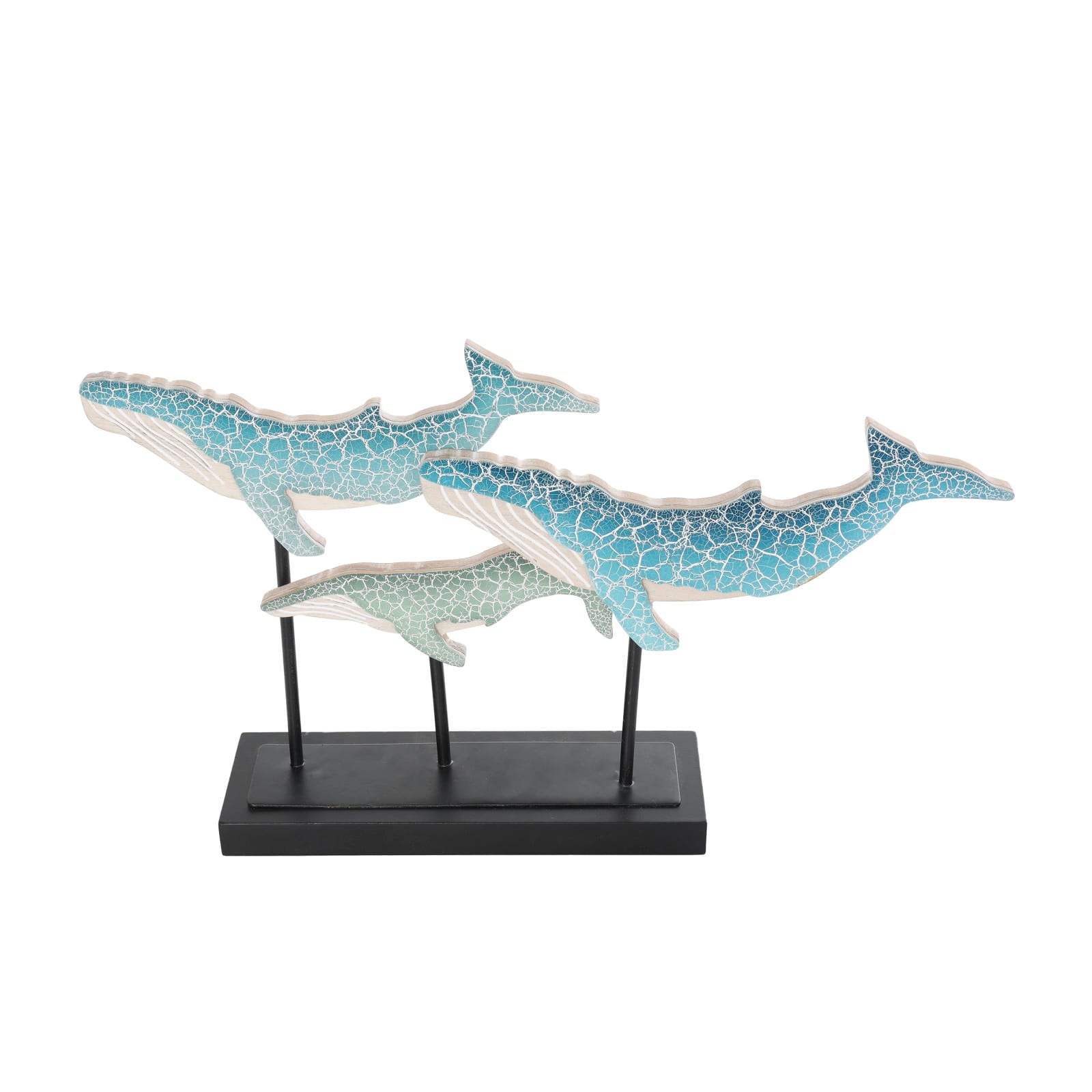 20" Blue Wooden Whale Textured Sculpture with Black Metal Stand