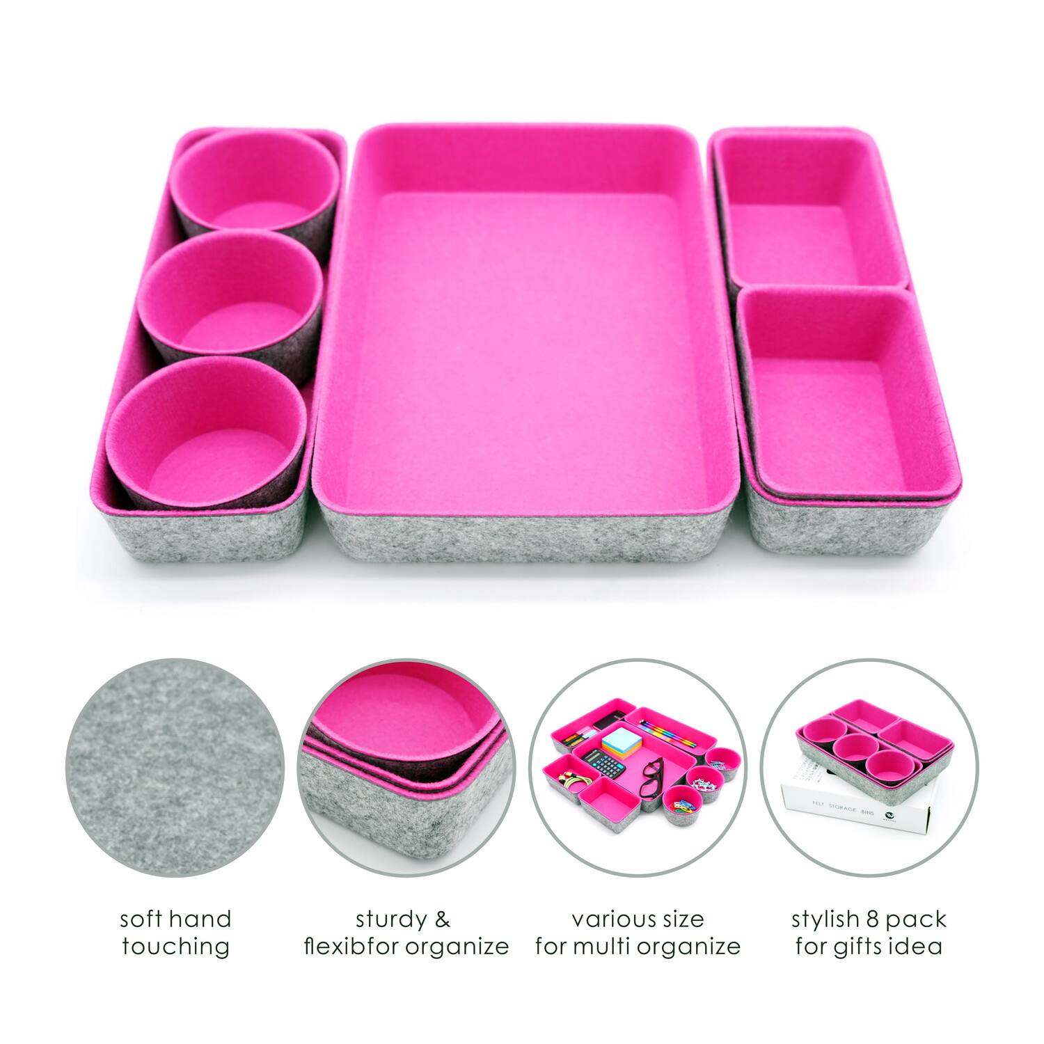 Welaxy 8 Piece Felt Round Cups &#x26; Trays Drawer Organizer Set