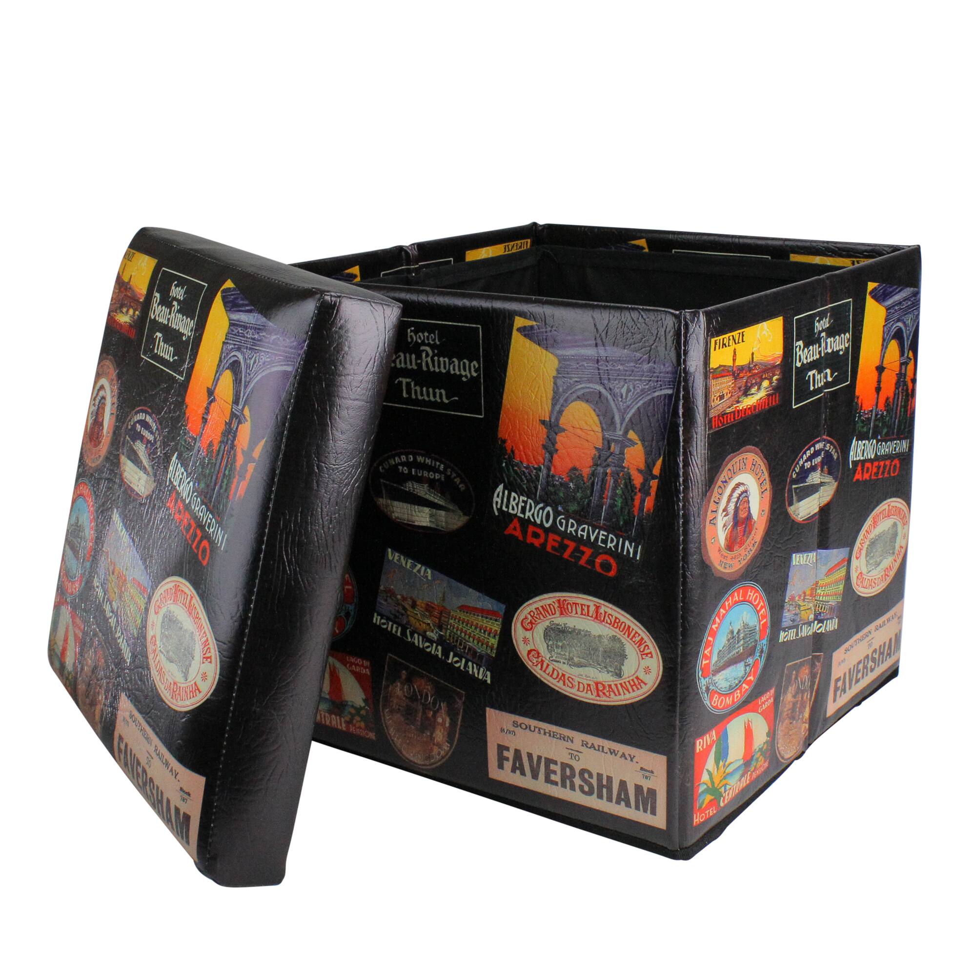 15" Brown with Travel Stickers Collapsible Ottoman