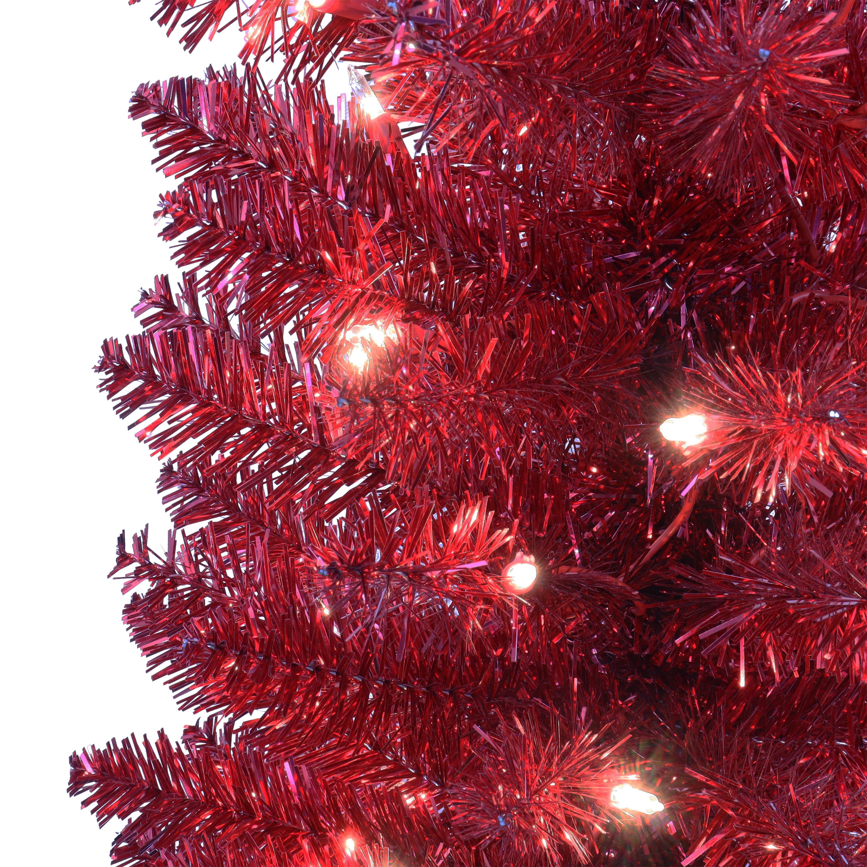 6ft. Pre-Lit Red Tinsel Artificial Tree, Clear Lights