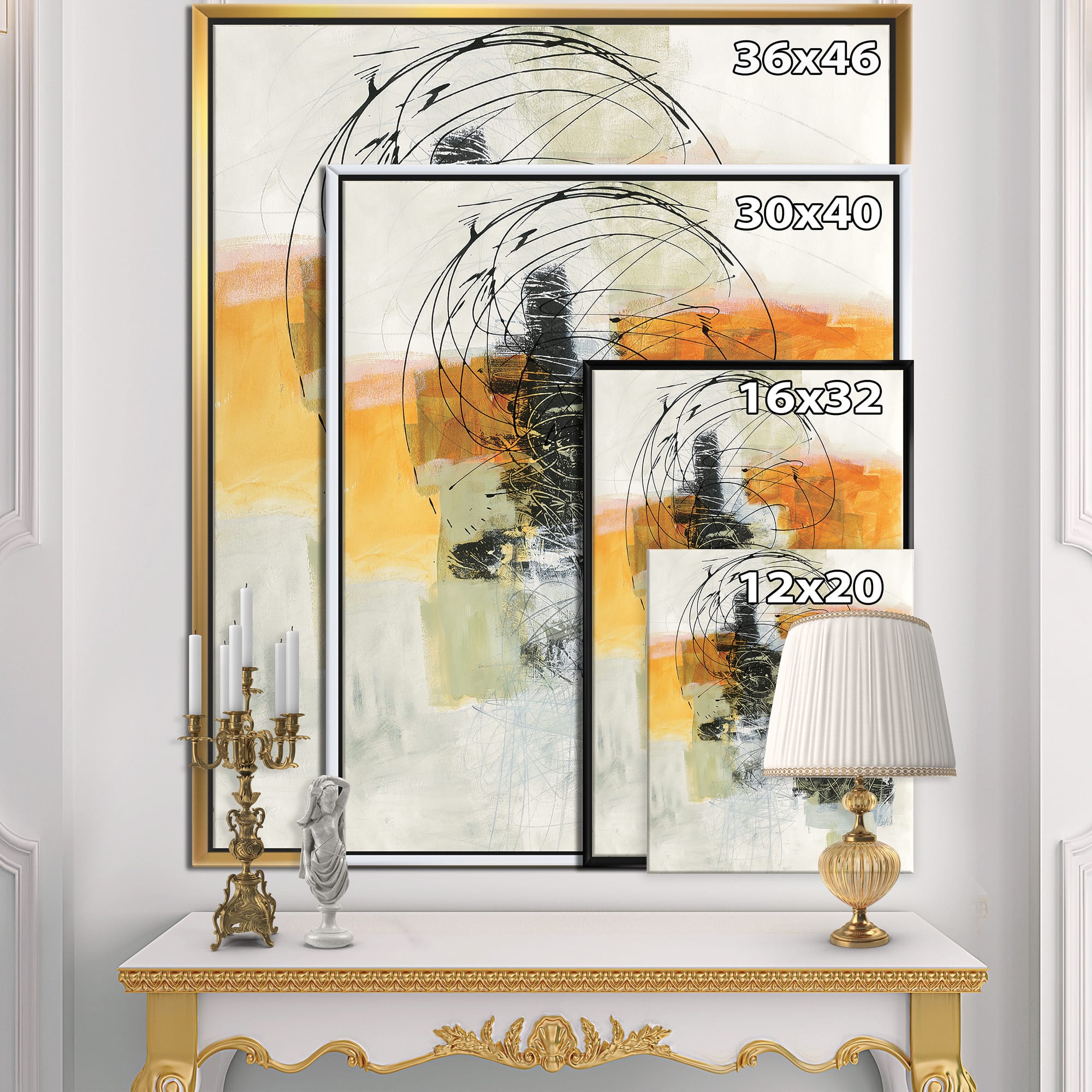 Designart - Abstract Composition of Glamorous Yellow and Black - Contemporary Canvas in Gold Frame