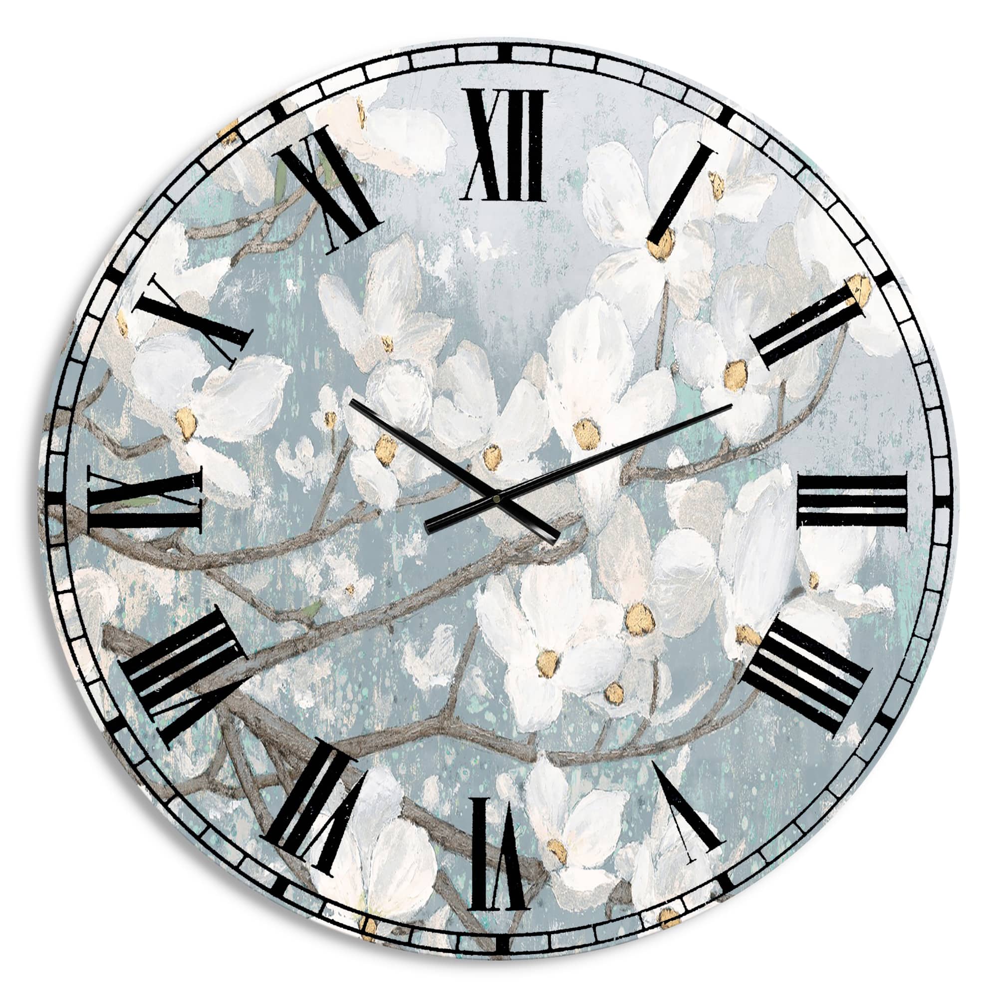 Designart Blue On Gray Blossoms Wall Clock