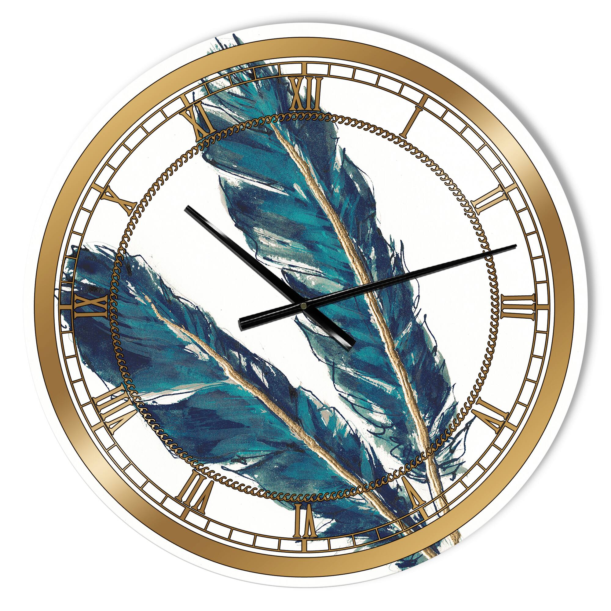 Designart Gold & Indigo Feathers III Glam Wall Clock