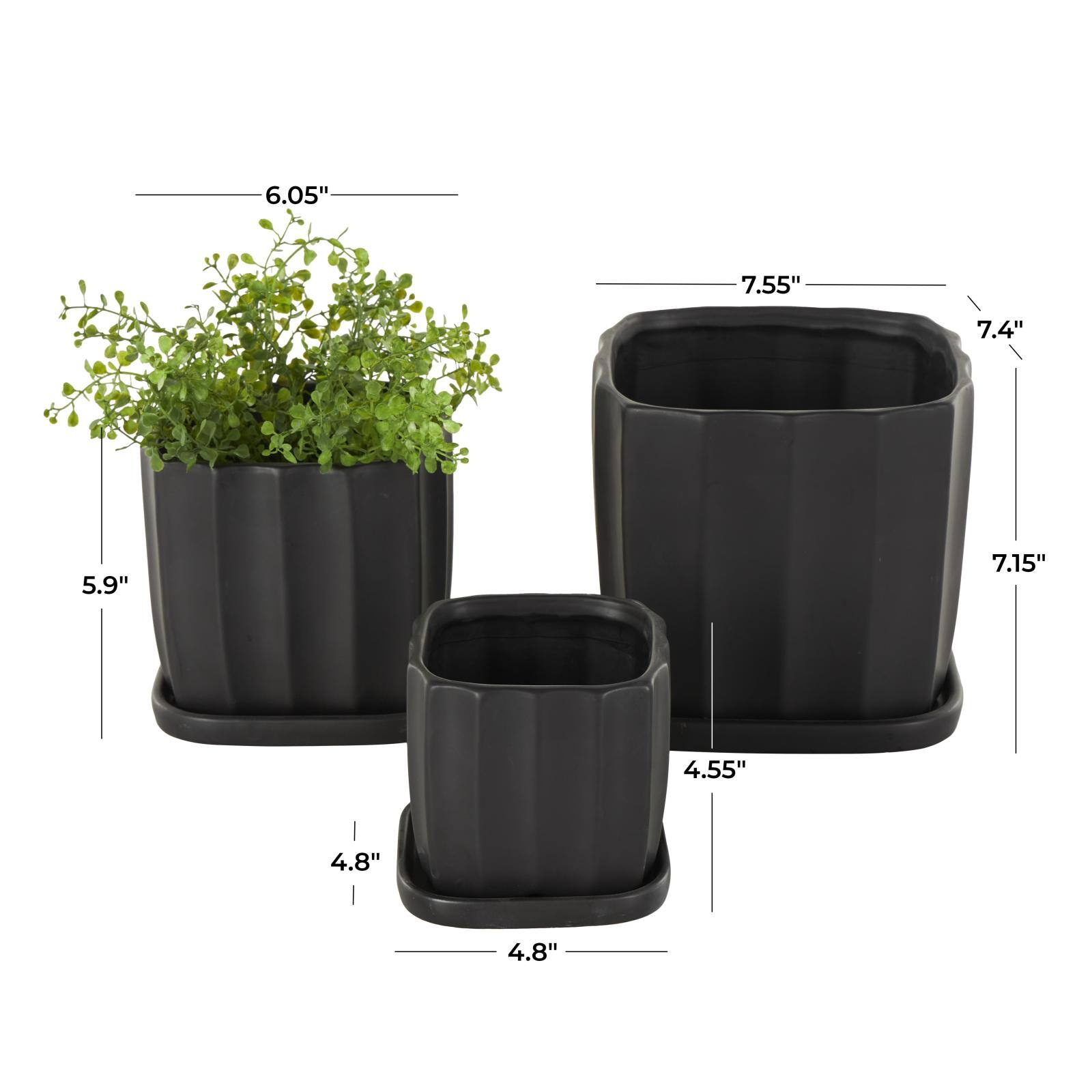Black Square Wide Groove Textured Ceramic Planter Set