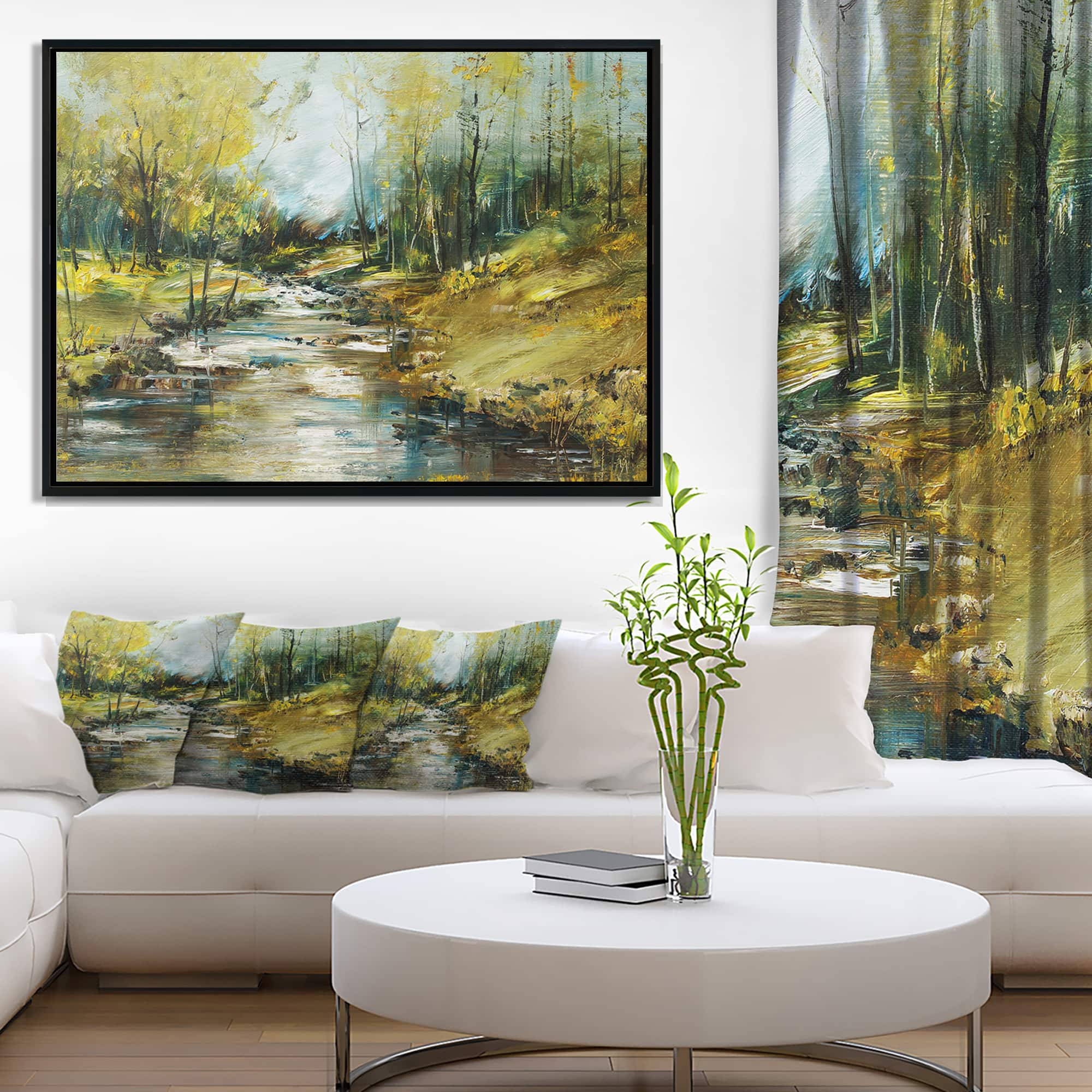 Designart - Creek in the Forest Oil Painting - Landscape Painting Canvas Print in Black Frame