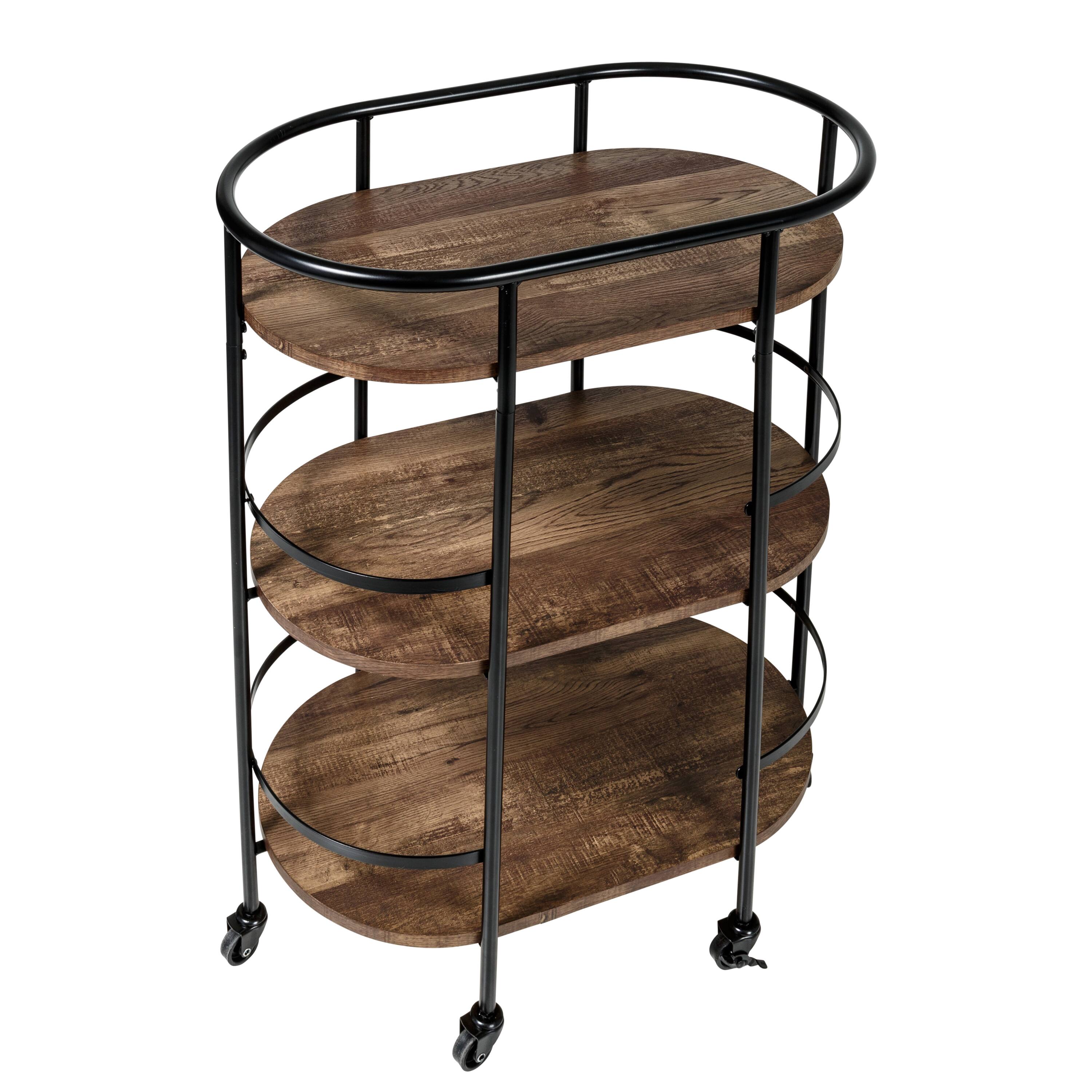 Honey Can Do 3-Tier Black &#x26; Rustic Brown Rolling Bar &#x26; Serving Cart