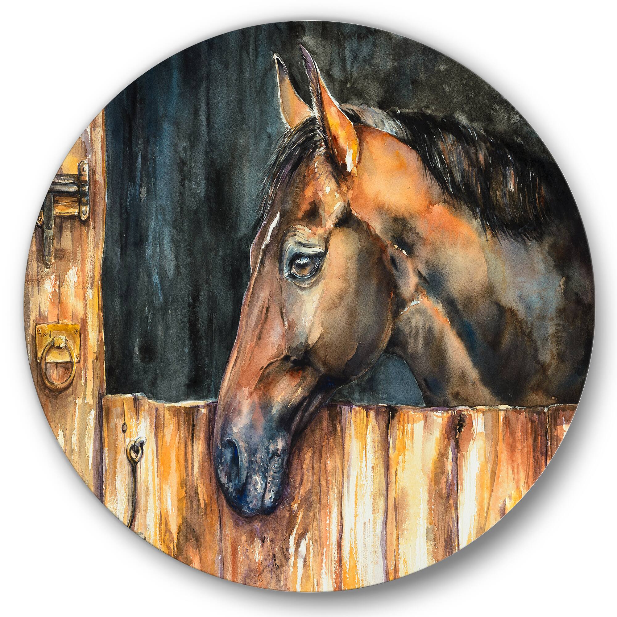 Designart - The Head of A Horse In Stable - Farmhouse Metal Circle Wall Art