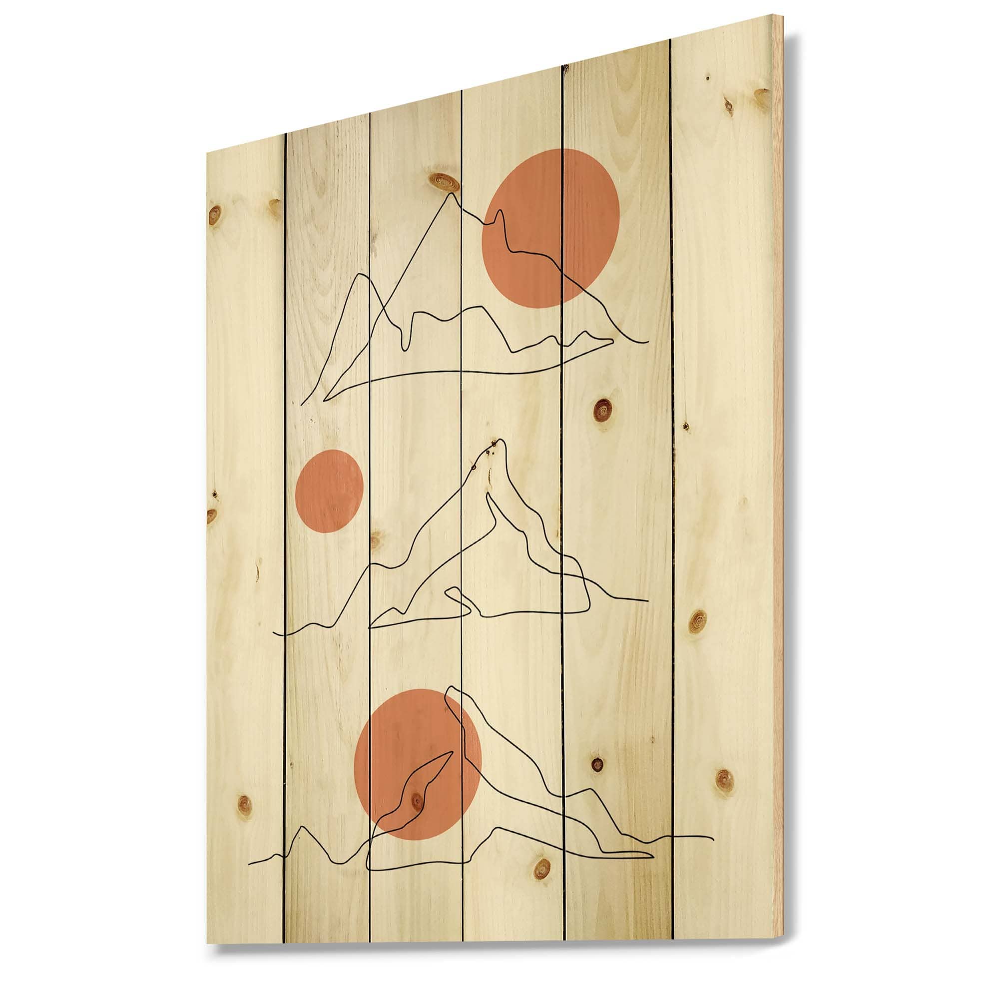 Designart - Abstract Mountain Range With Red Moons - Modern Print on Natural Pine Wood