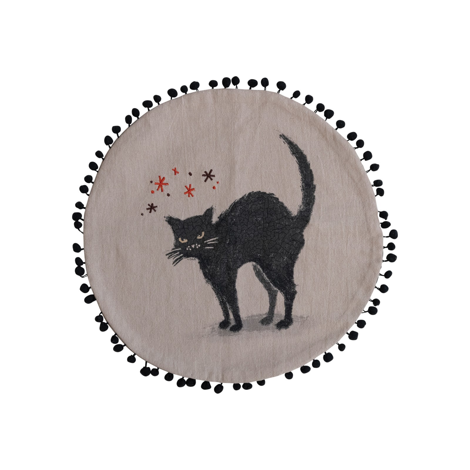 Hello Honey® 16" White & Black Round Cotton Chambray Printed Pillow with Cat Design, Embroidery & Pom Pom Trim