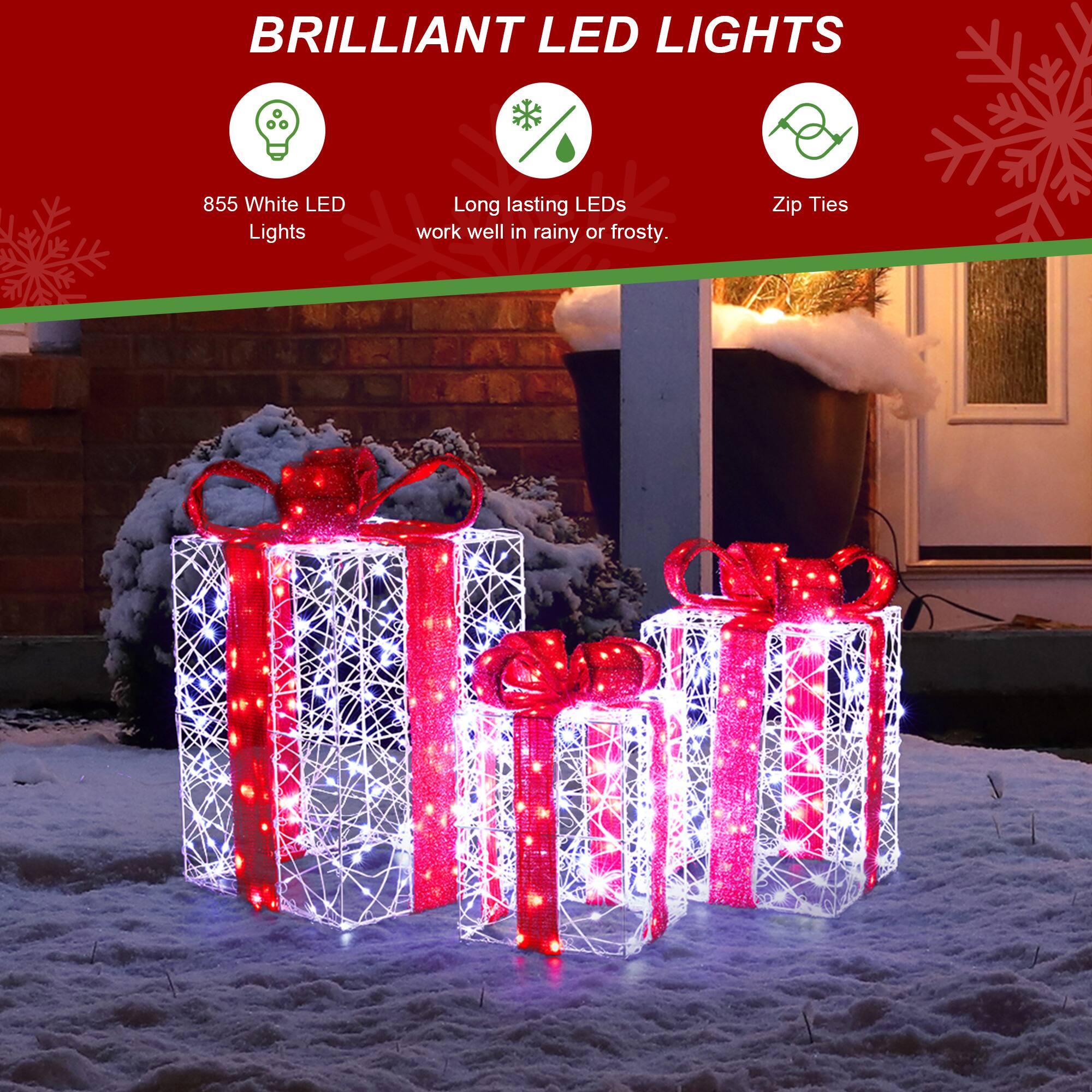 Glitzhome&#xAE; Lighted Christmas Crystal White 3D Giftbox Outdoor D&#xE9;cor Set
