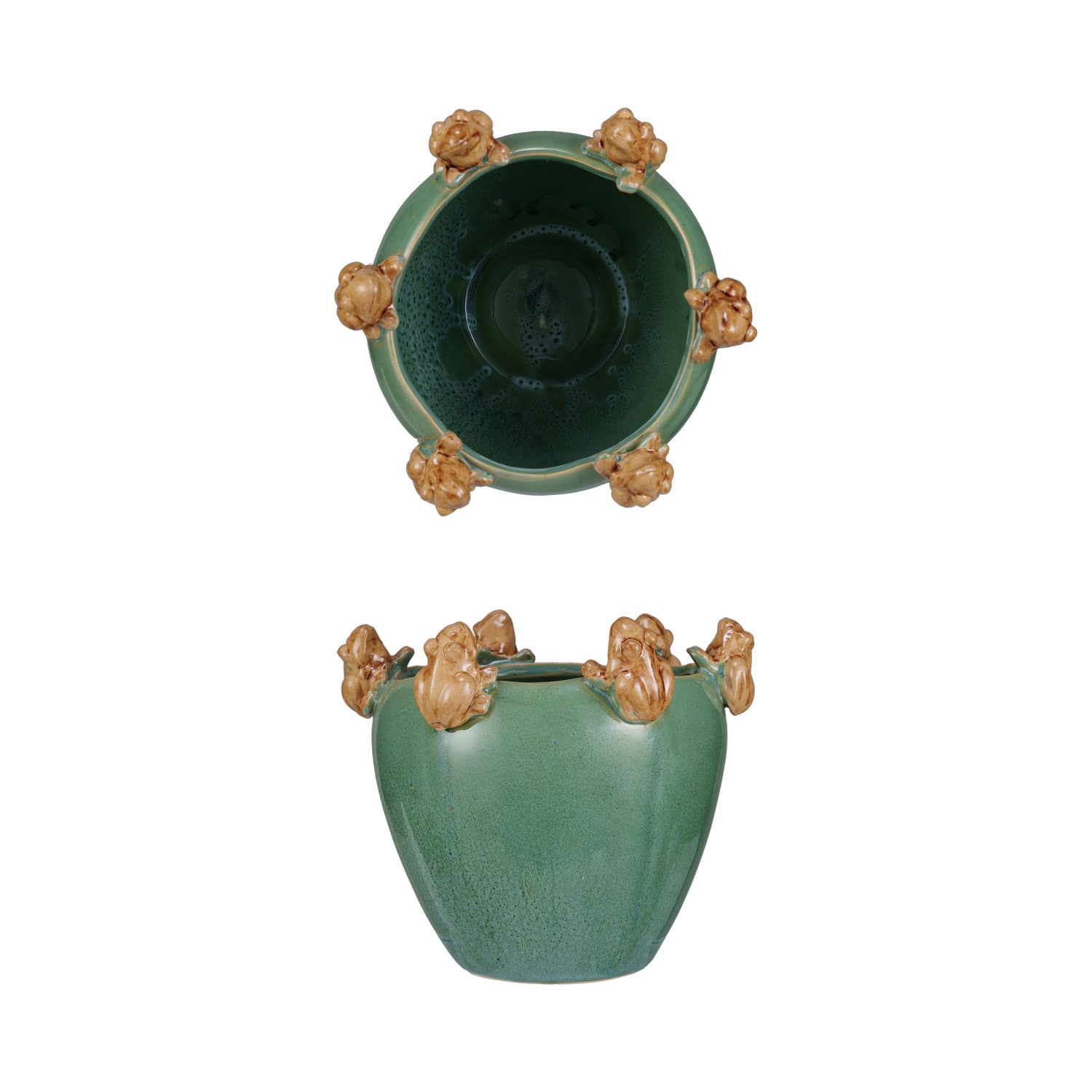 Hello Honey&#xAE; 7.5&#x22; Green &#x26; Yellow Reactive Glaze Stoneware Planter with Frogs on Rim