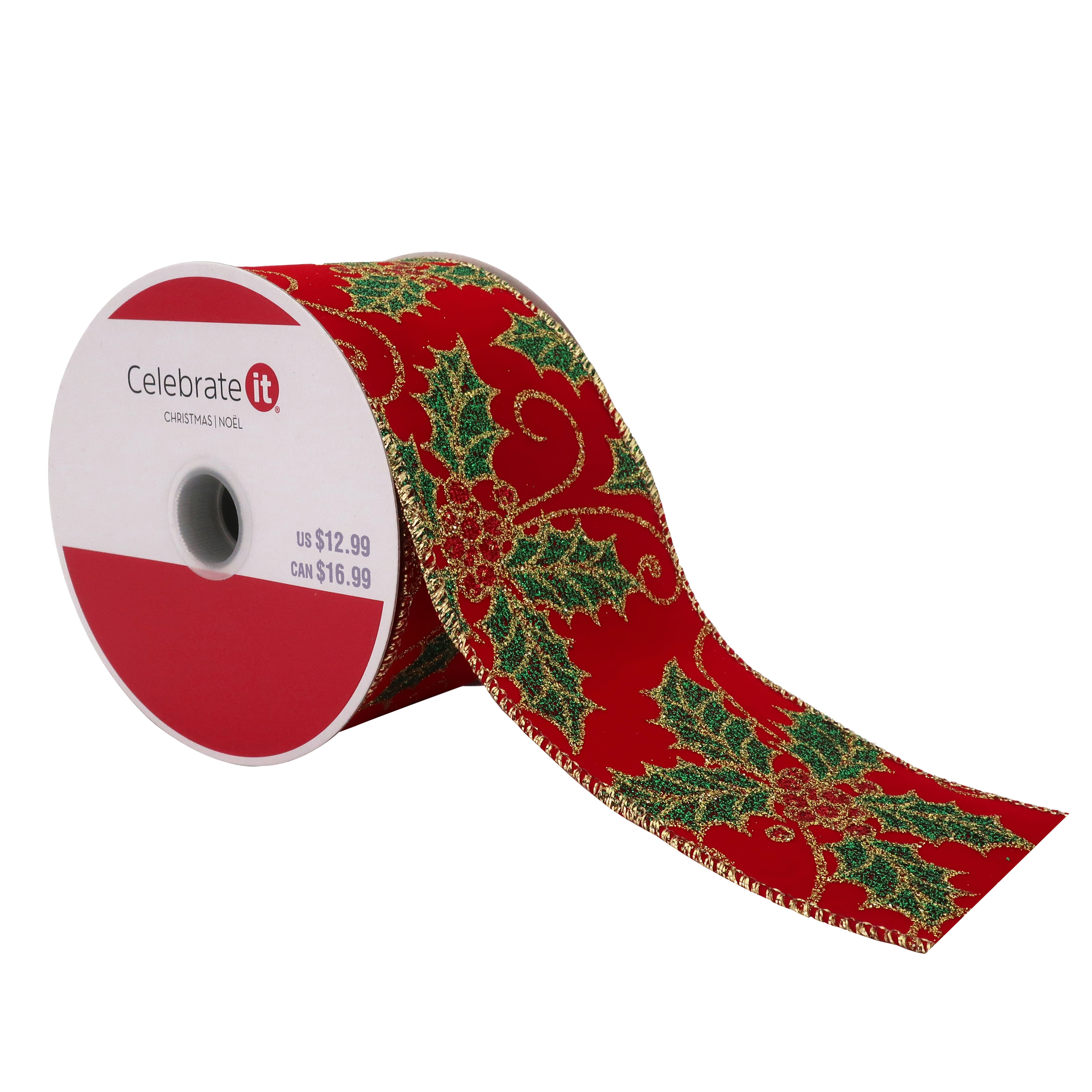 2.5&#x22; x 20ft. Red Holly Wired Velvet Ribbon by Celebrate It&#x2122; Christmas