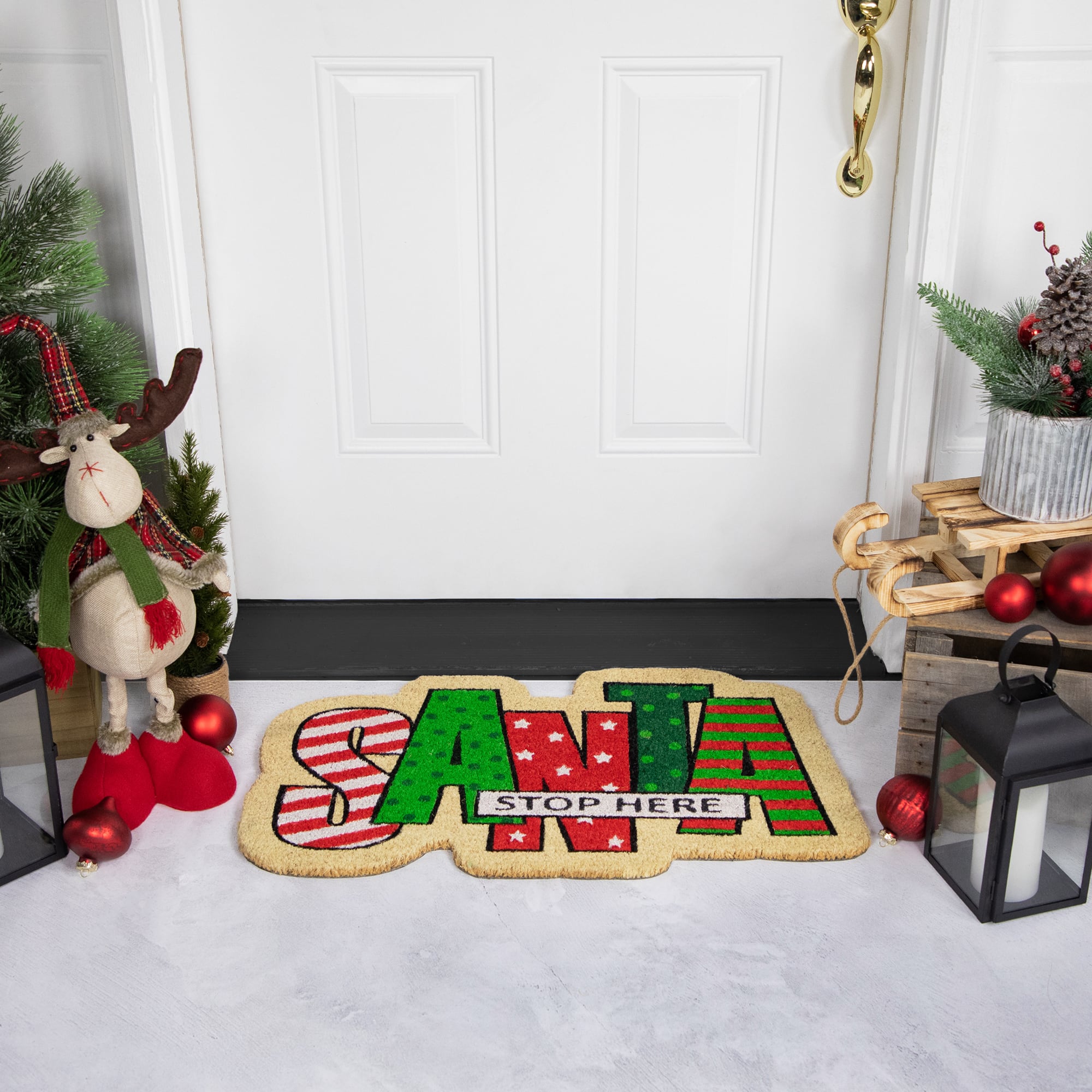Red and Green &#x22;Santa Stop Here&#x22; Outdoor Christmas Doormat 18&#x22; x 30&#x22;