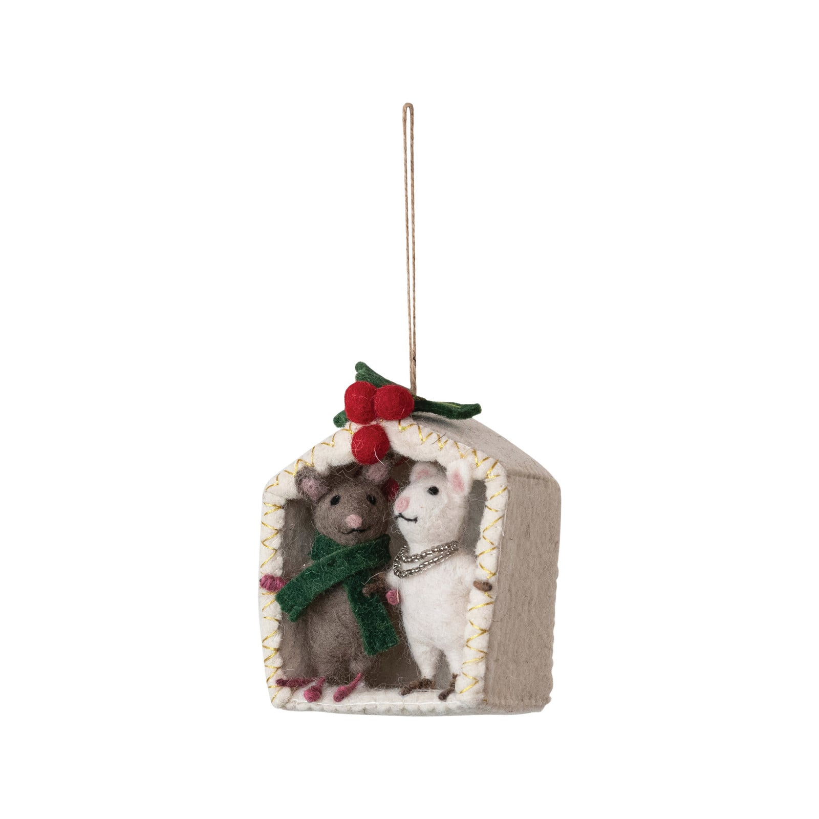Hello Honey&#xAE; 6&#x22; Handmade Wool Felt Mice Under the Mistletoe Ornament with Embroidery &#x26; Beads