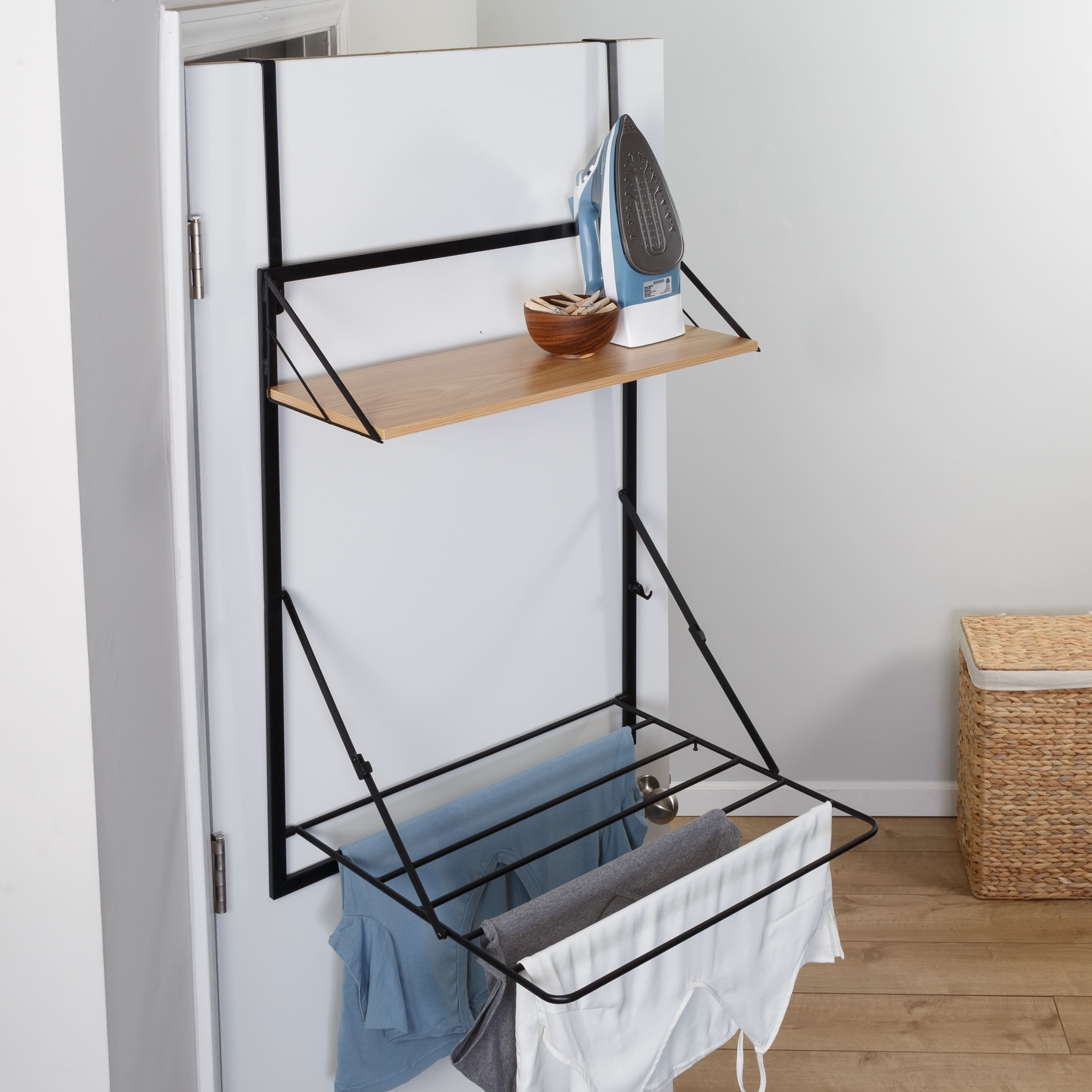 Honey Can Do Black &#x26; Maple Wall Mounted Drying Rack with Shelf
