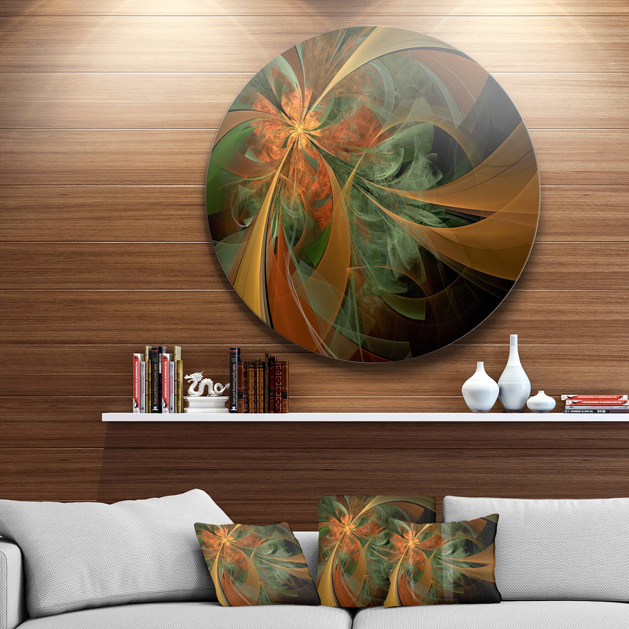 Designart - Symmetrical Orange Digital Fractal Flower&#x27; Floral Metal Circle Wall Art