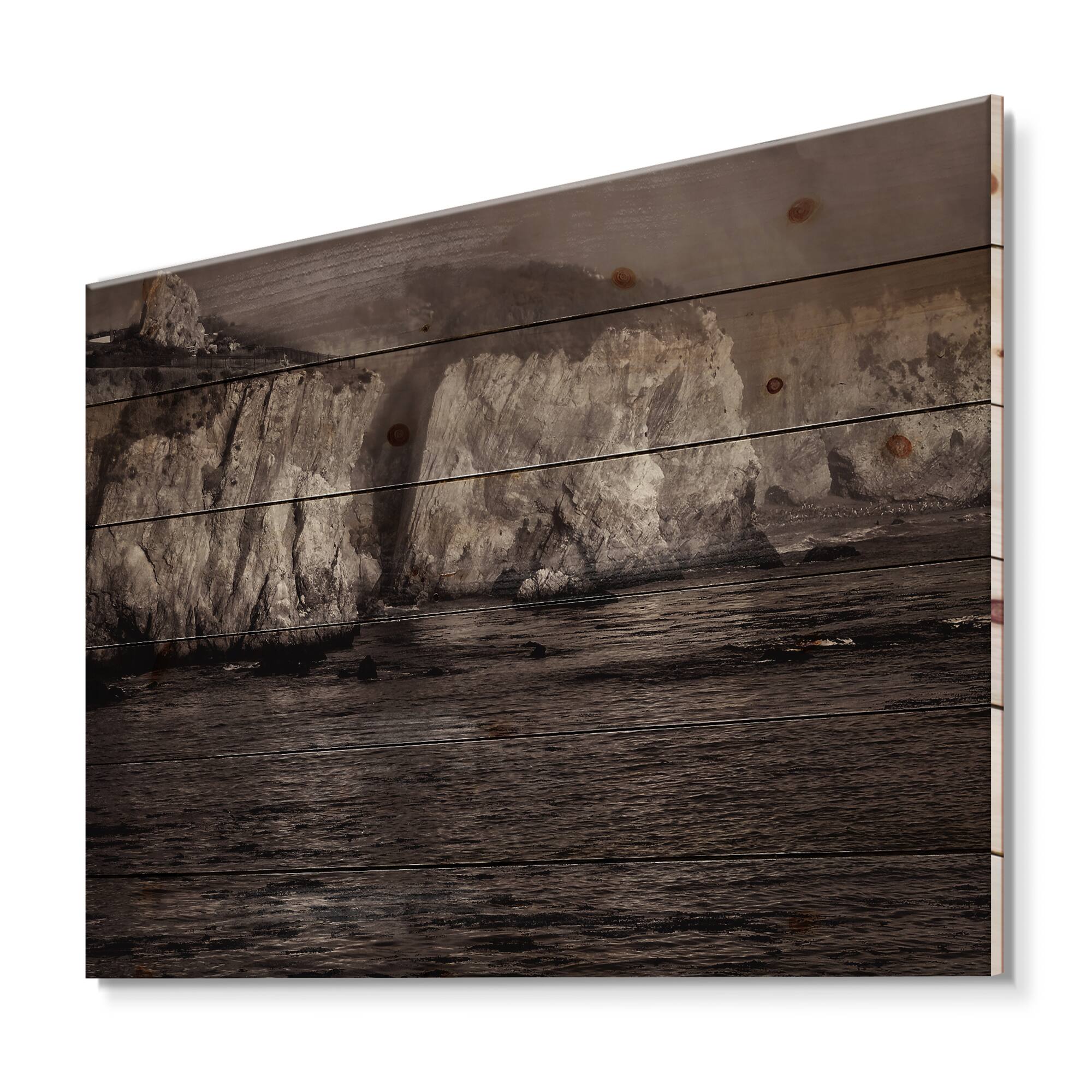 Designart - Gold Cliffs In The Fog - Modern Print on Natural Pine Wood