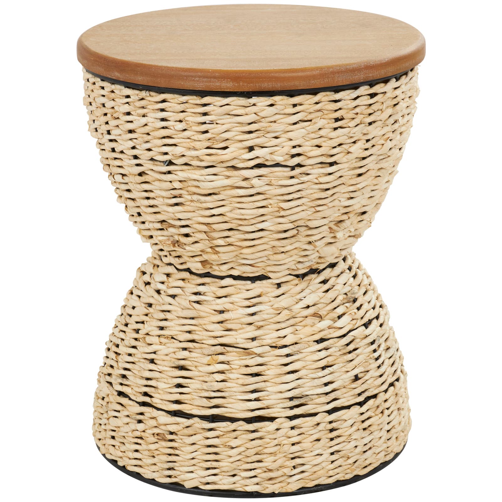 19&#x22; Rattan Woven Stool with Wood Tabletop and Black Frame