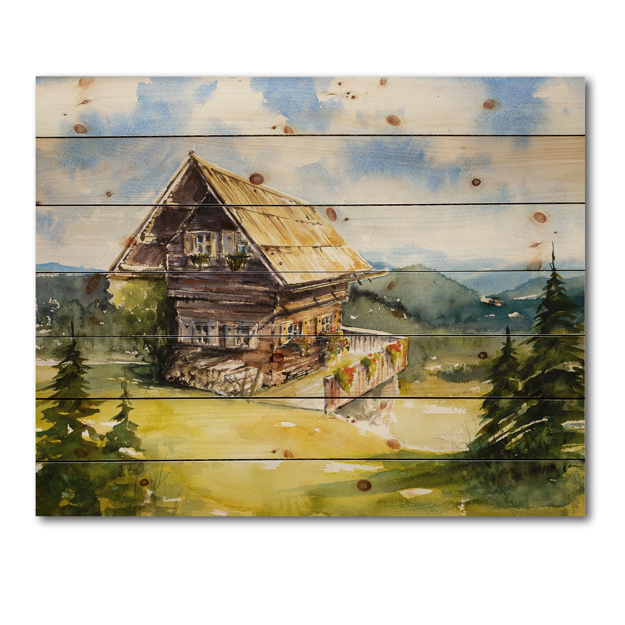 Designart - Peaceful Landscape With Old Cottage At Summer - Traditional Print on Natural Pine Wood