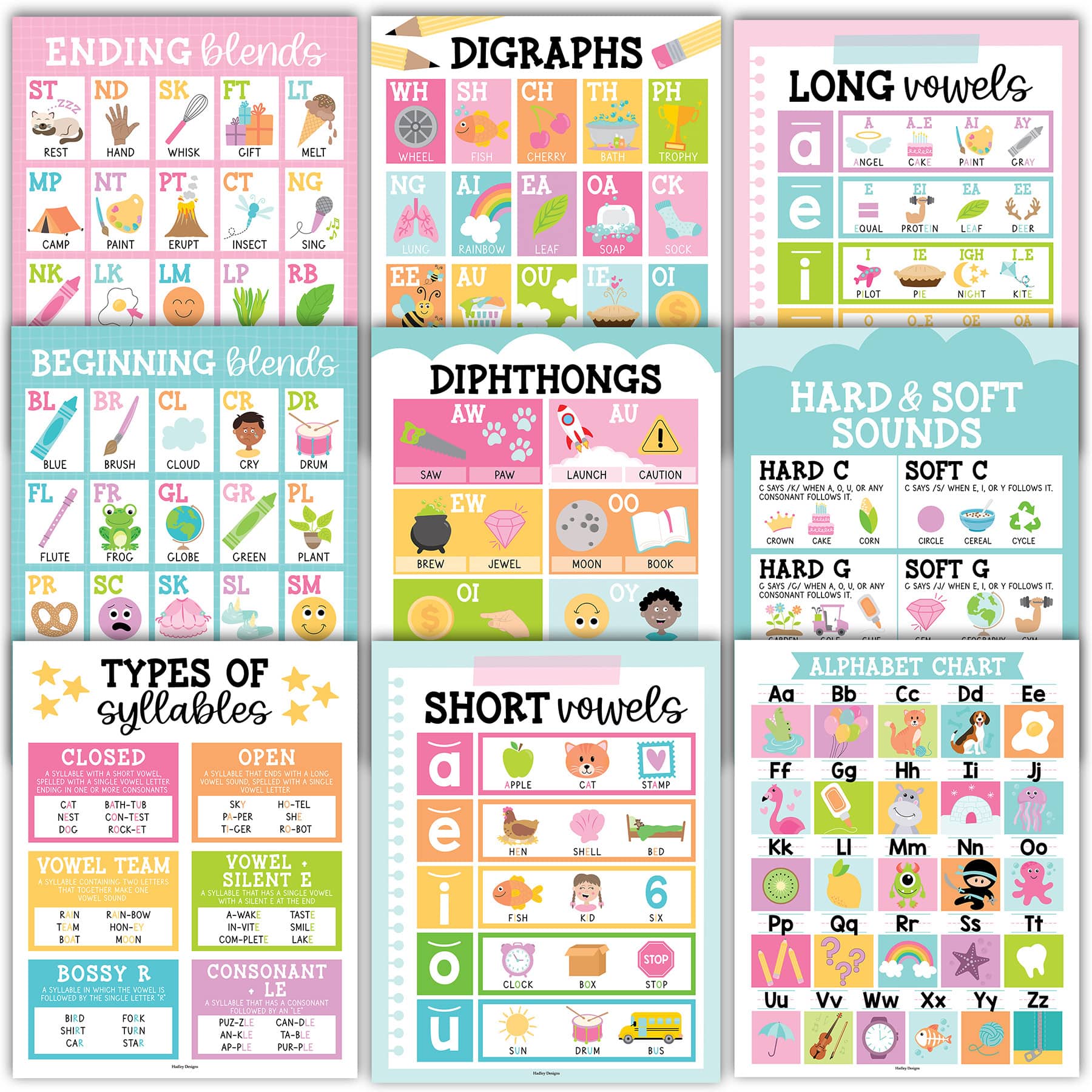Hadley Designs 11" x 14" Colorful Sound Wall Phonics and Vowels English Posters Set