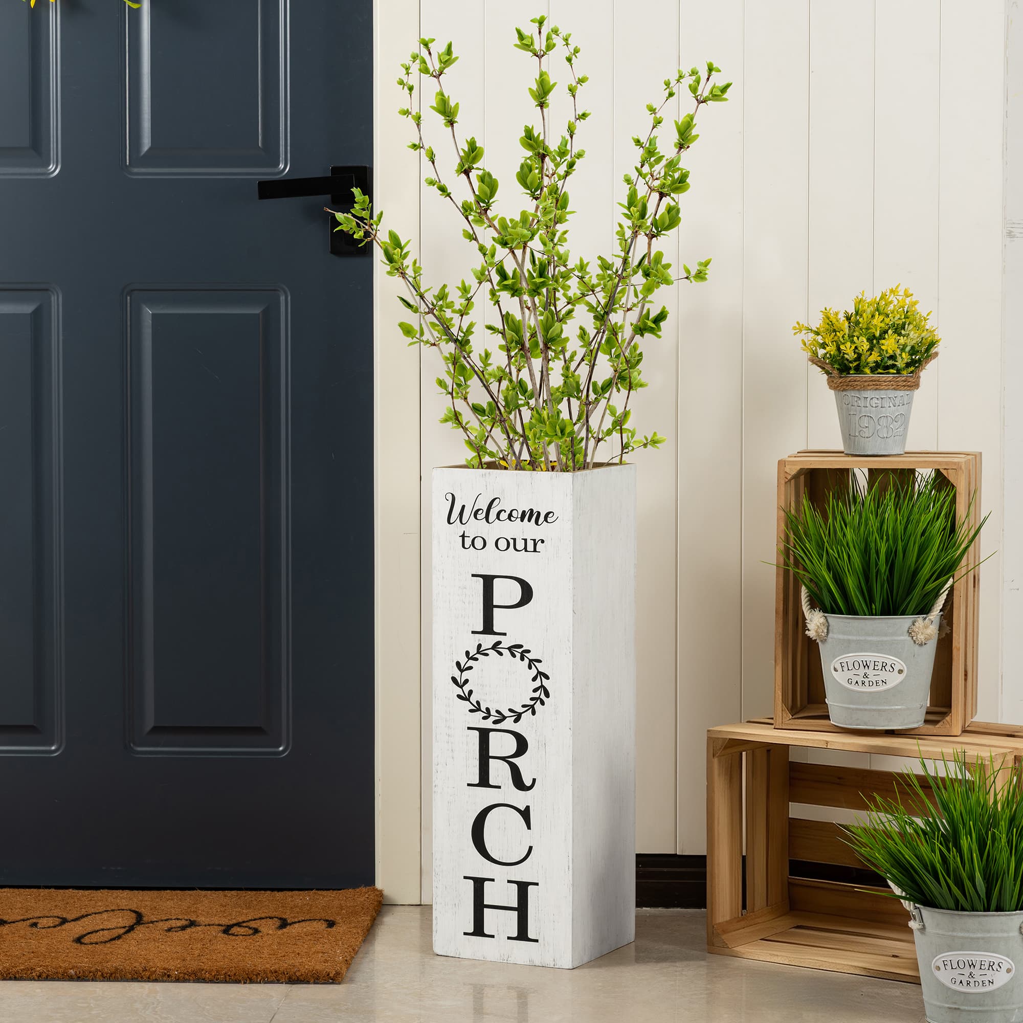 Glitzhome® 24" Double-Sided Solid Wood White Boxed "WELCOME PORCH" Porch Sign