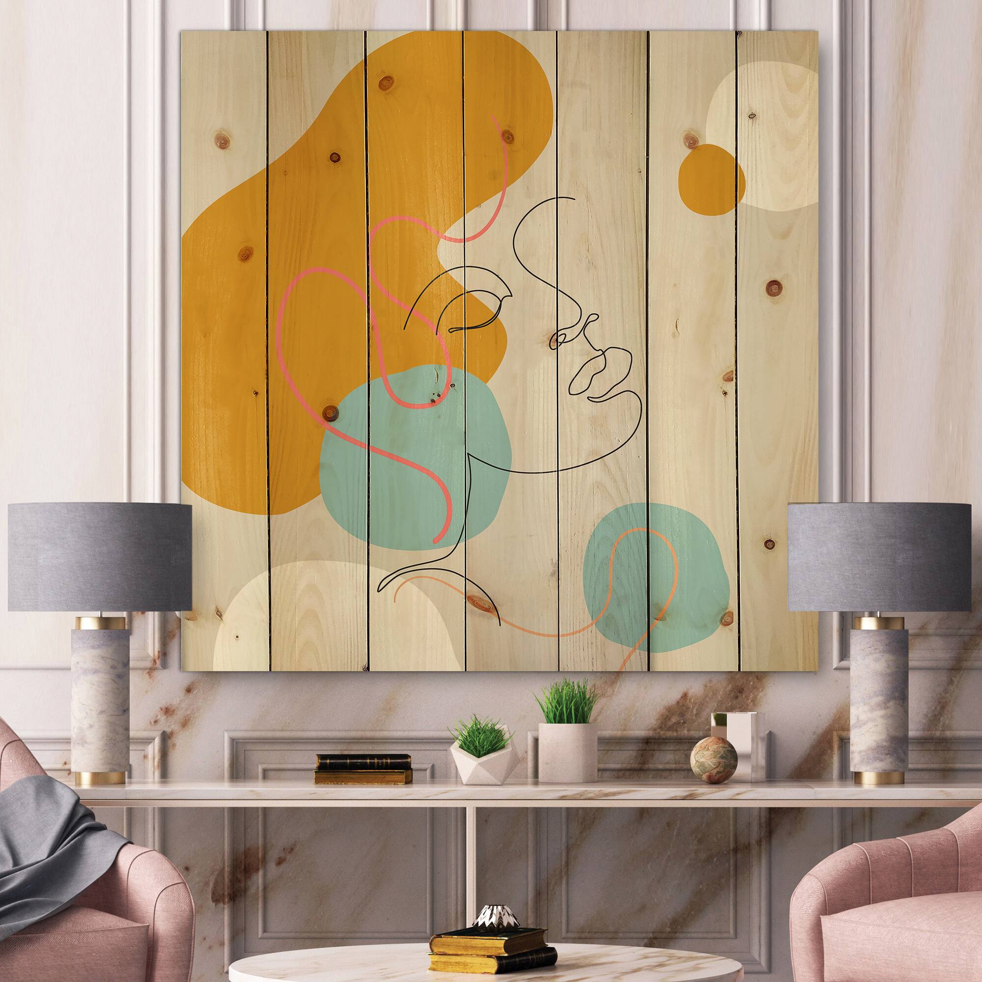 Designart - Minimal One Line Portrait of Female Face I - Modern Print on Natural Pine Wood