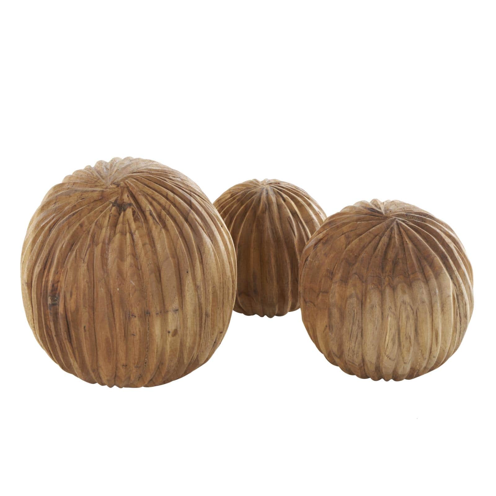 Brown Teak Wood Carved Textured Orbs Set