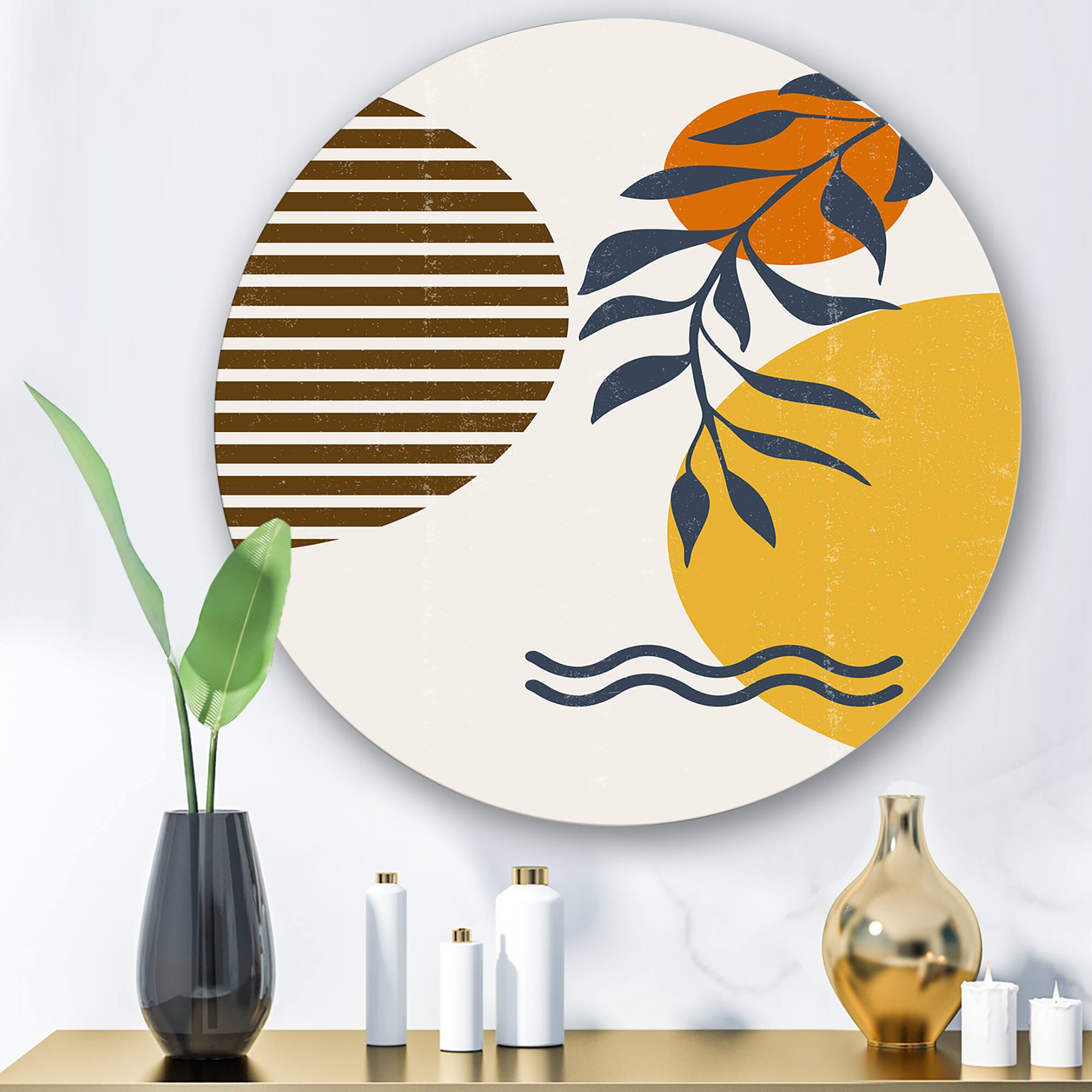 Designart - Botanical Minimalist Leaf With Abstract Shapes I - Modern Metal Circle Wall Art