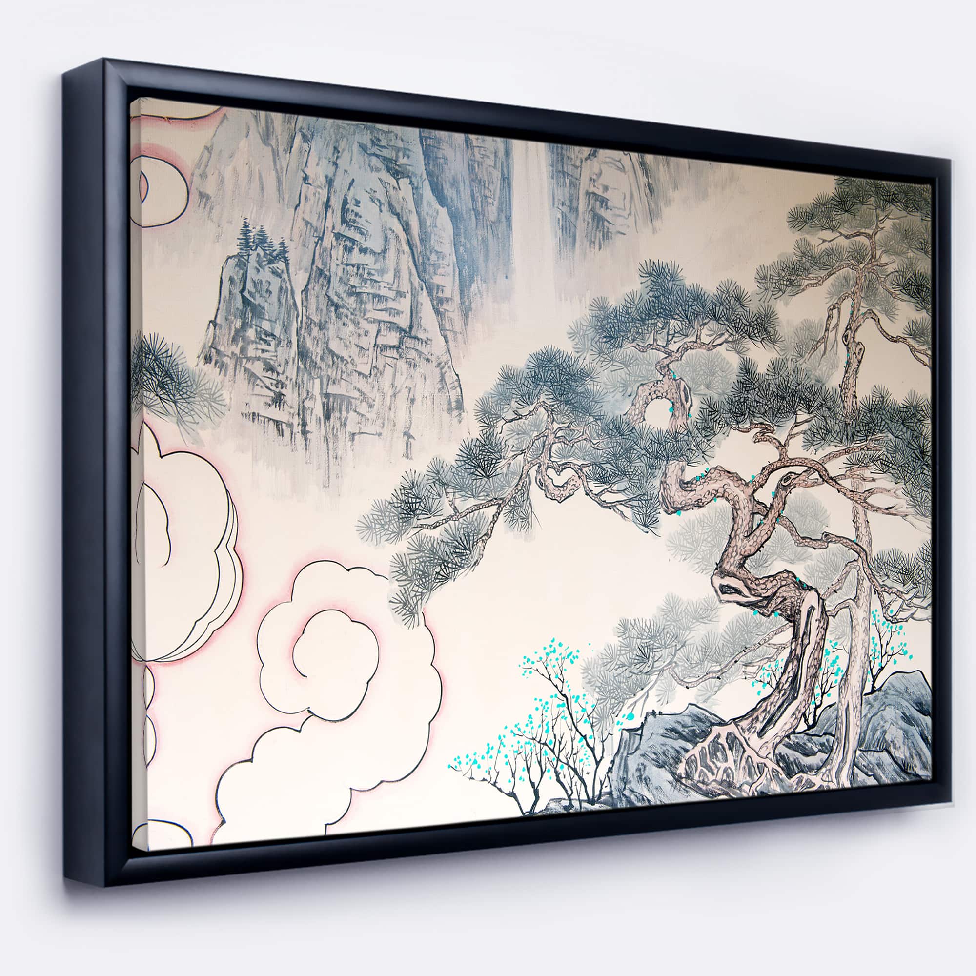 Designart - Chinese Blue Tree Art - Floral Painting Canvas in Black Frame