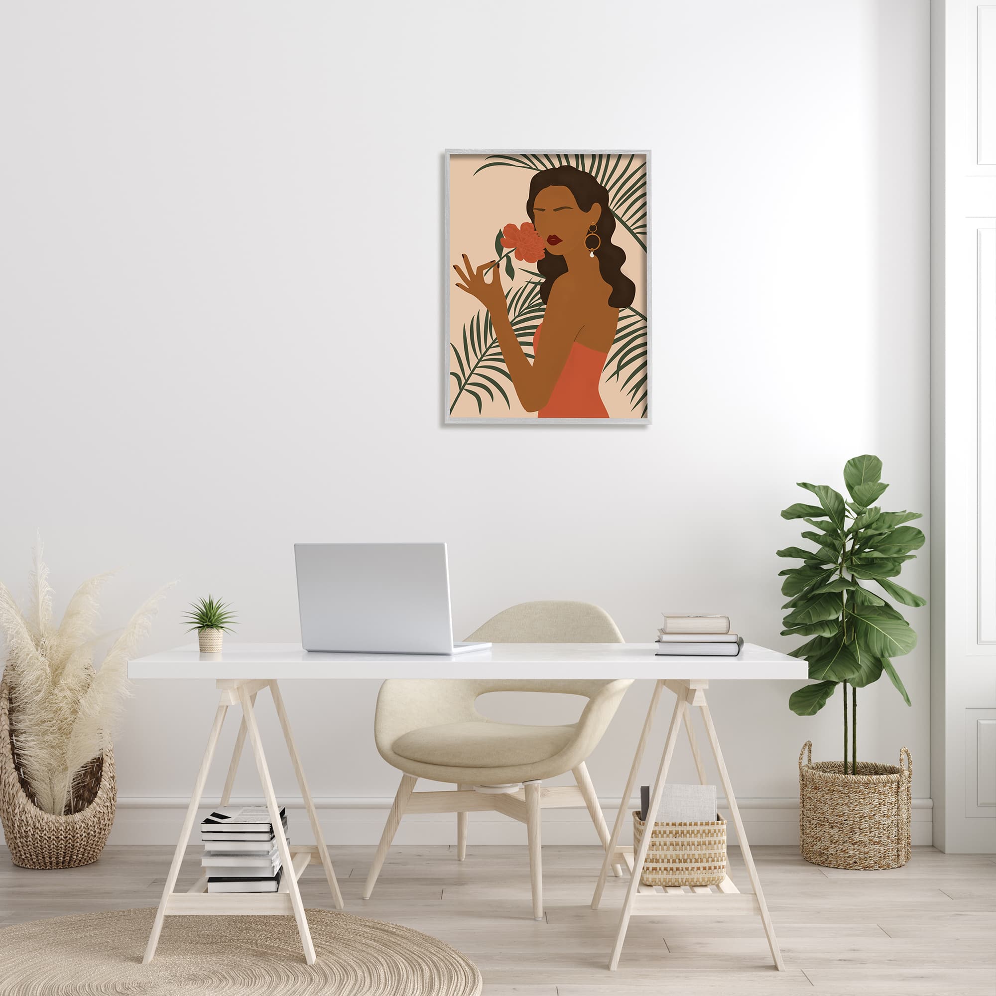 Stupell Industries Woman With Red Floral over Green Palm Leaves in Gray Frame Wall Art