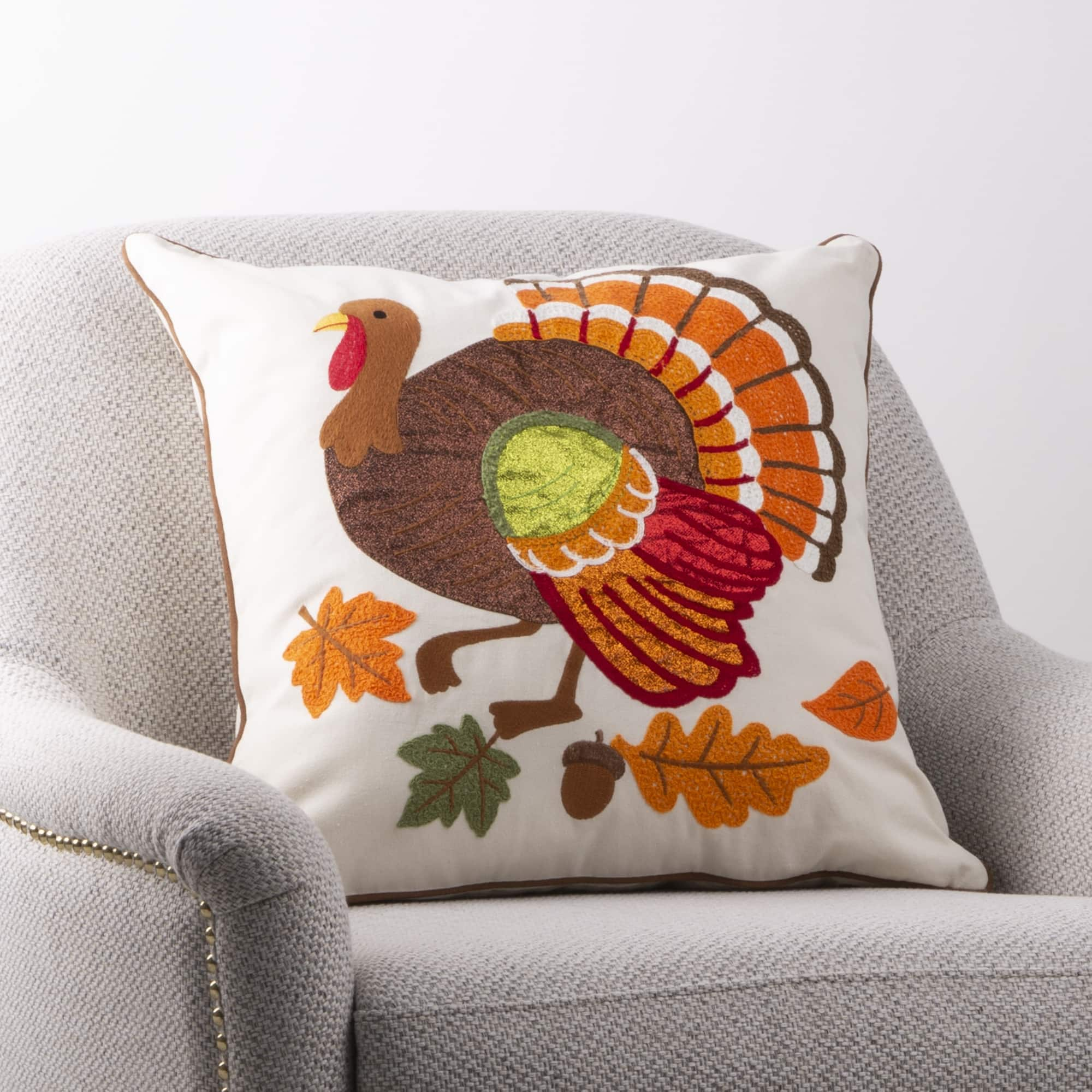 Glitzhome&#xAE; Cotton Embroidered Turkey Pillow Cover