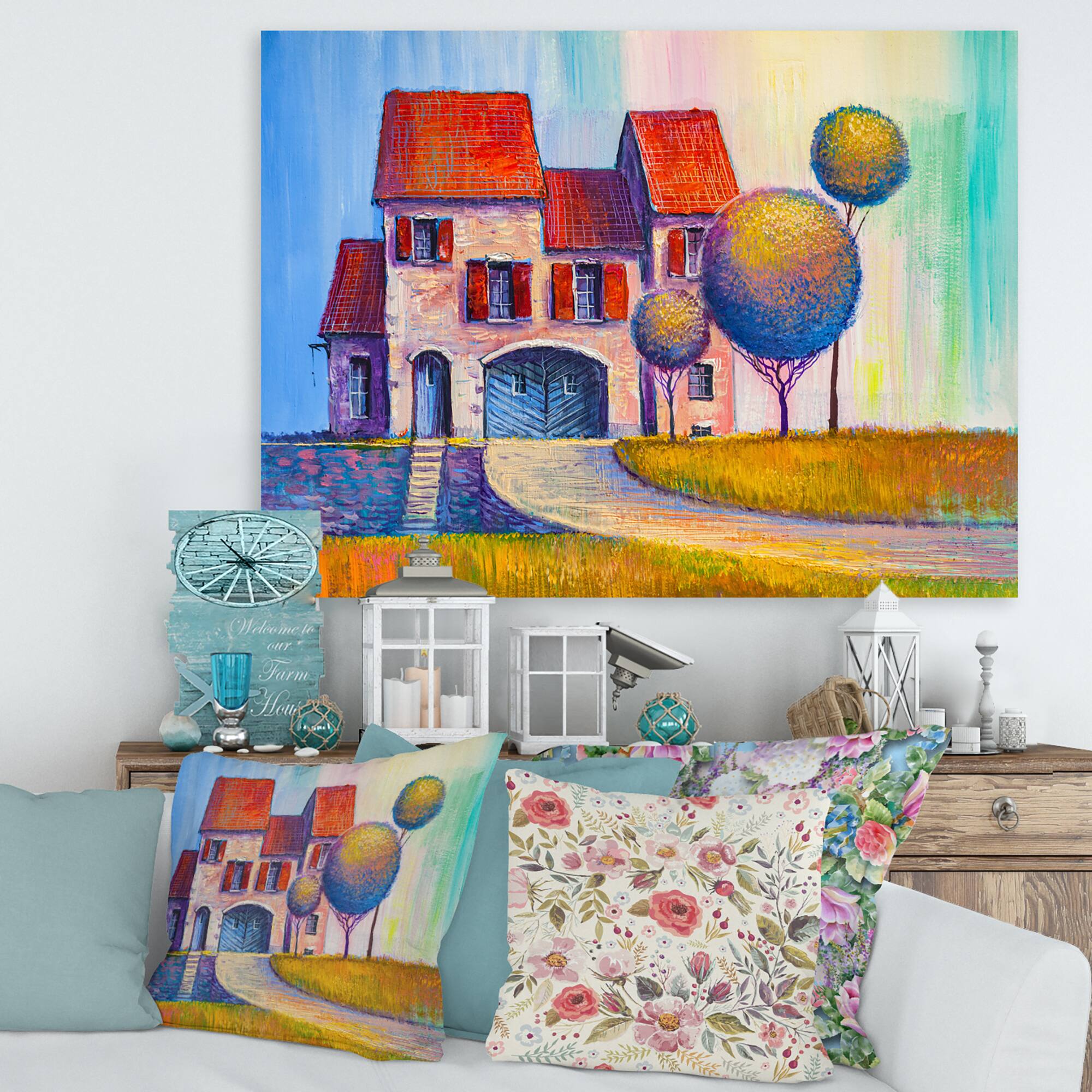 Designart - House With Red Roof In The Village - Modern Canvas Wall Art Print