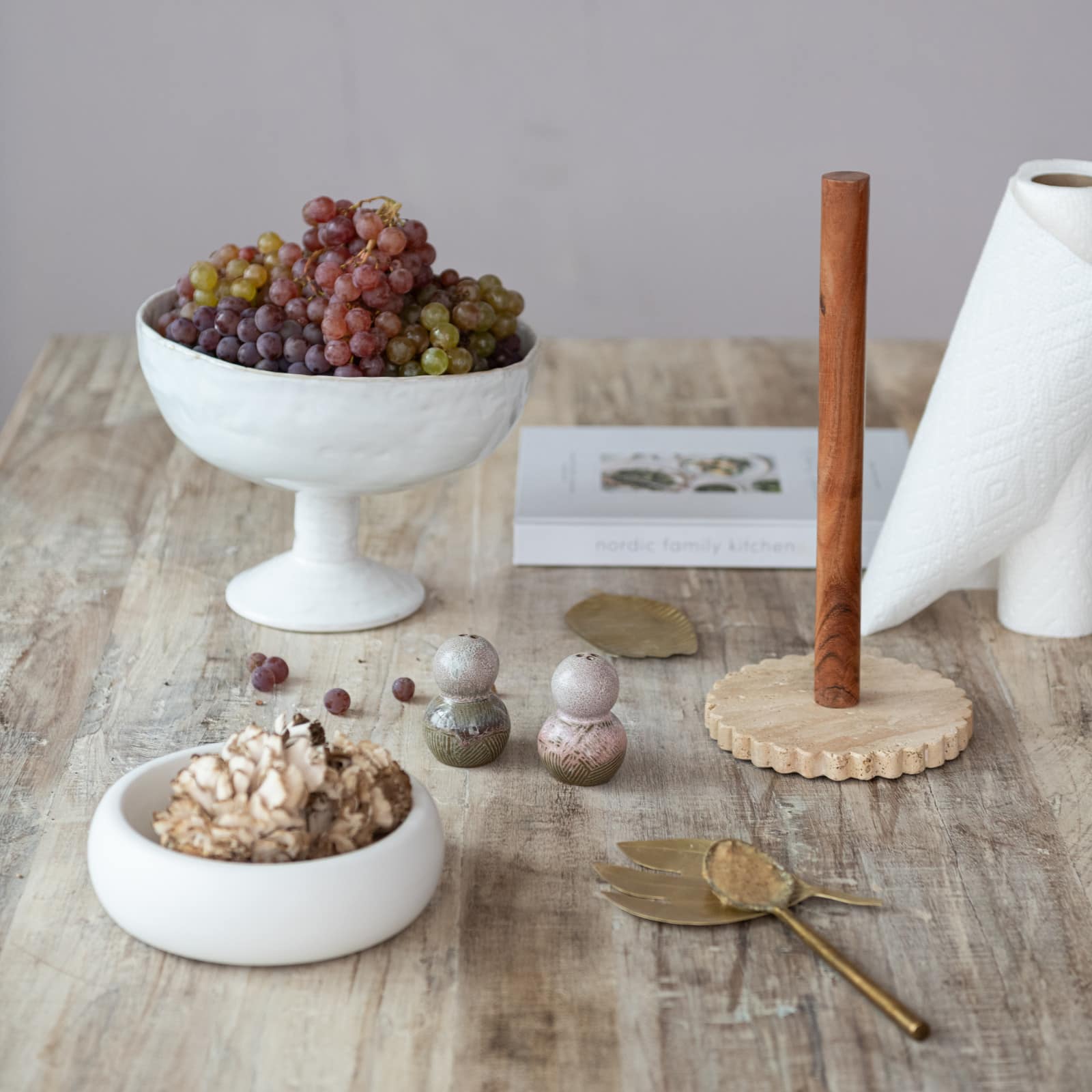 Hello Honey Acacia Wood Paper Towel Holder with Scalloped Travertine Base, Natural and Cream Color
