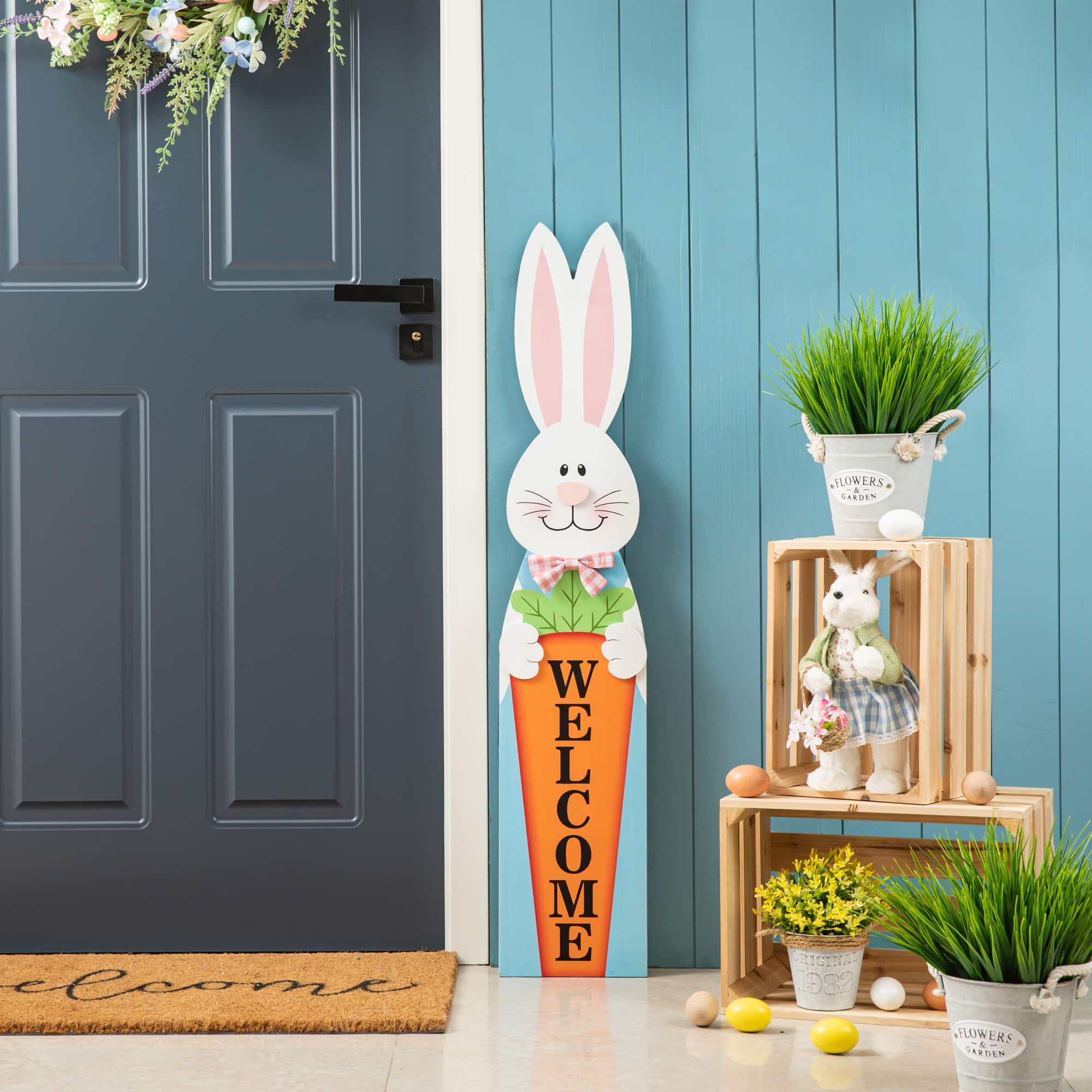 Glitzhome&#xAE; 42&#x22; Easter Wooden Bunny Welcome Porch Sign