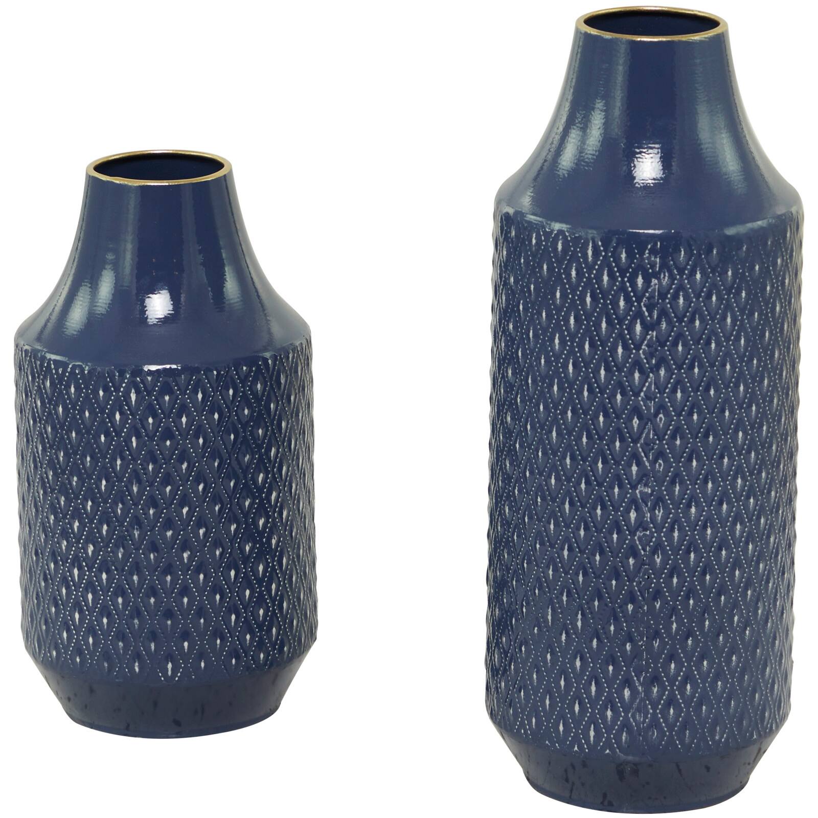 Blue Metal Diamond Embossed Exterior Vase Set of 2 16", 12"