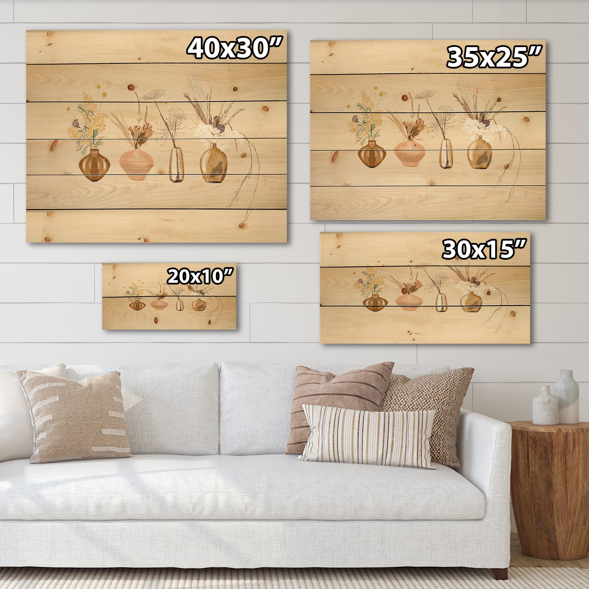 Designart - Bouquets Of Wildflowers In Gold Vases II - Traditional Print on Natural Pine Wood