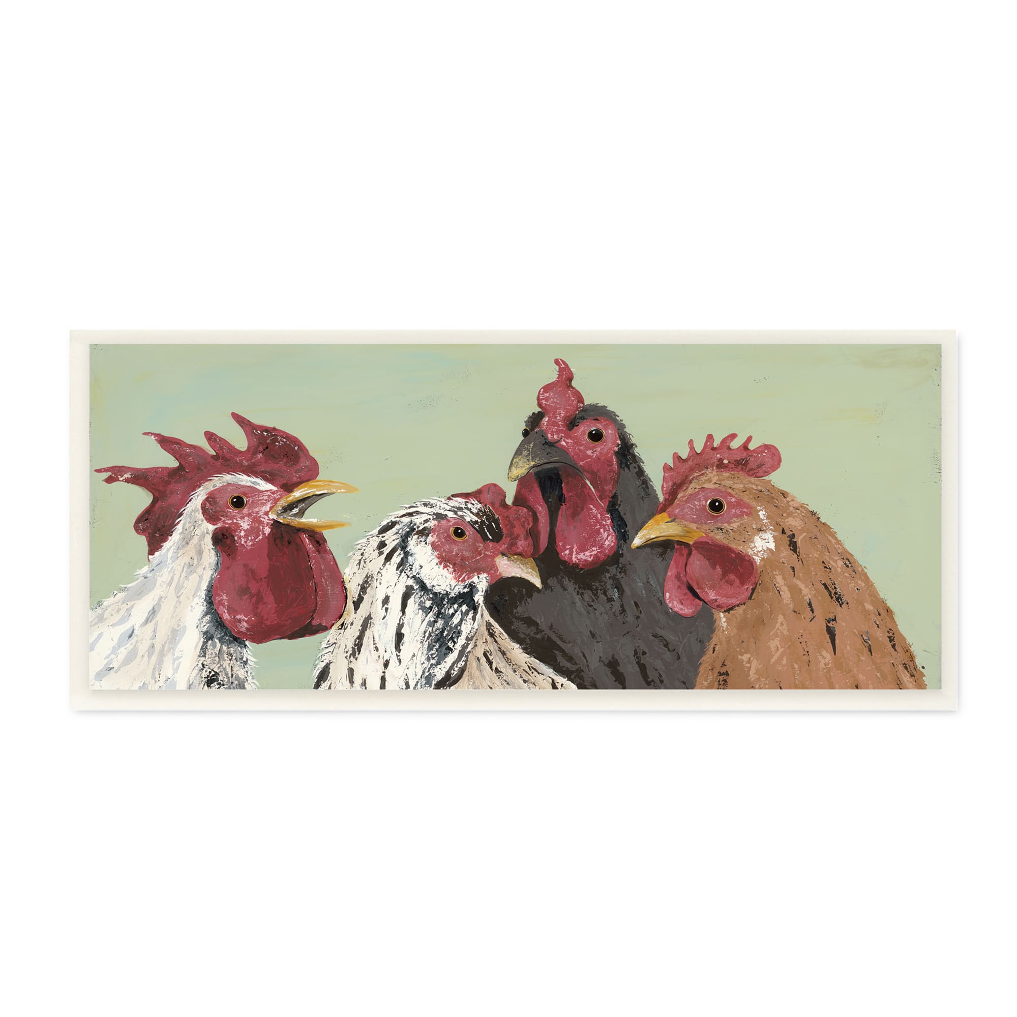 Stupell Industries Four Roosters Clucking Farm Birds over Green, 7" x 17"