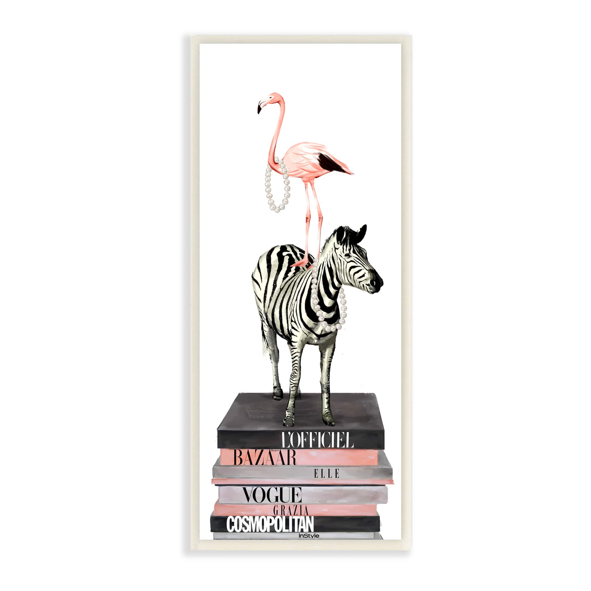 Stupell Industries Fashion Flamingo Zebra Glam Book Stack Pearls,7" x 17"